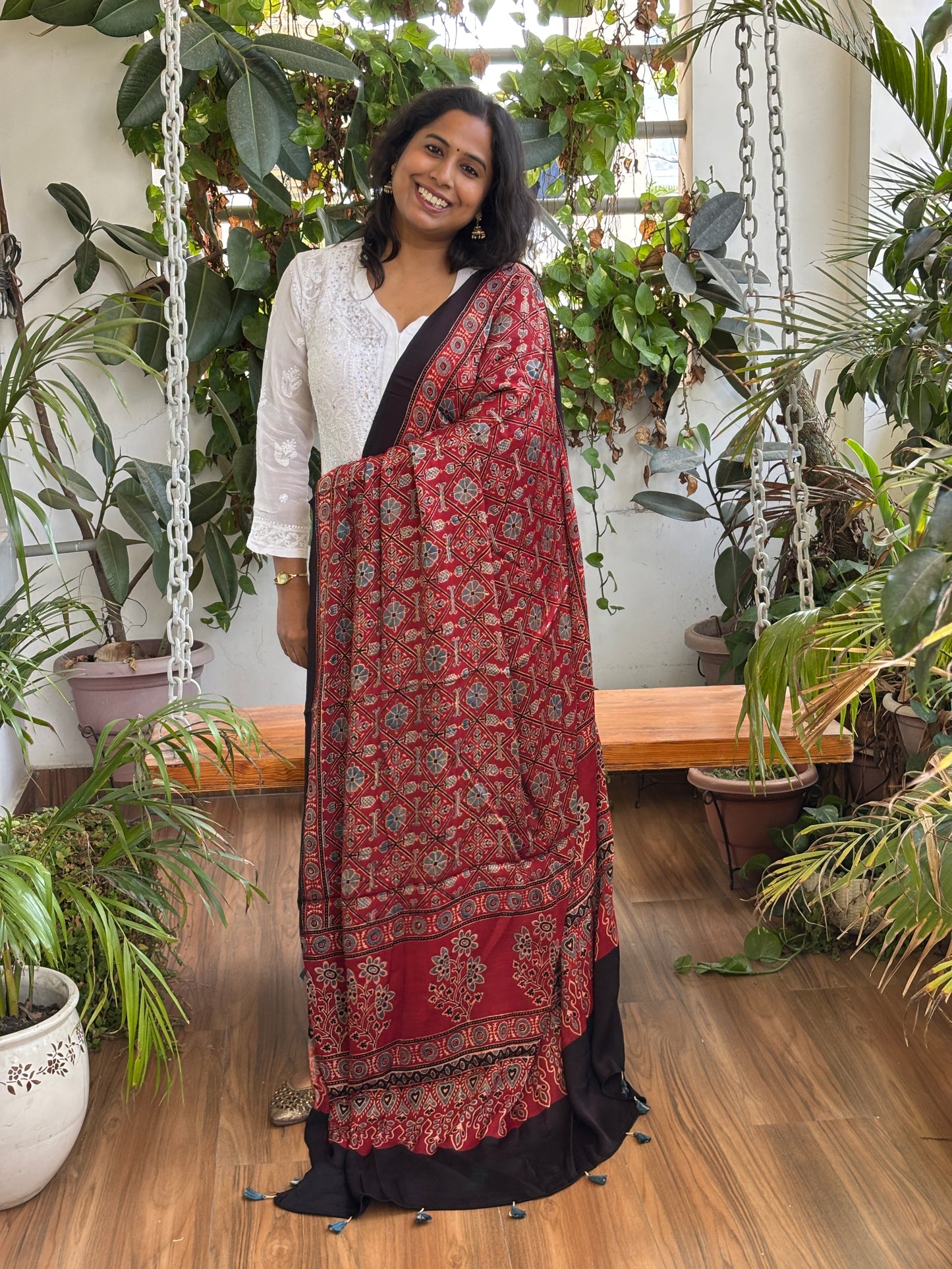 Ajrakh Madder Natural Dyed Modal Dupatta Contemporary Box and Floral Motif Dupatta