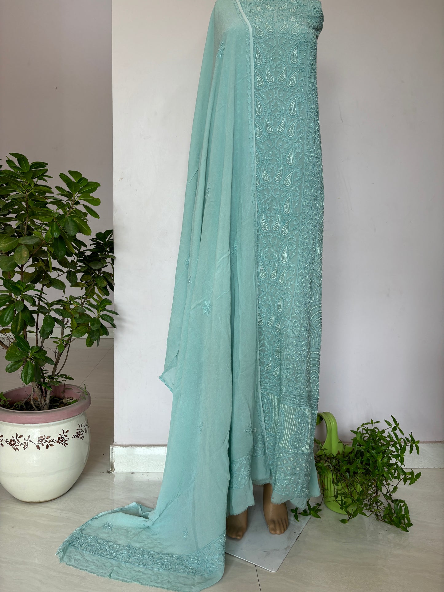 Green Intricate Chikankari Hand Embroidered Shirt and Dupatta Fabric Adorned With Beads Work