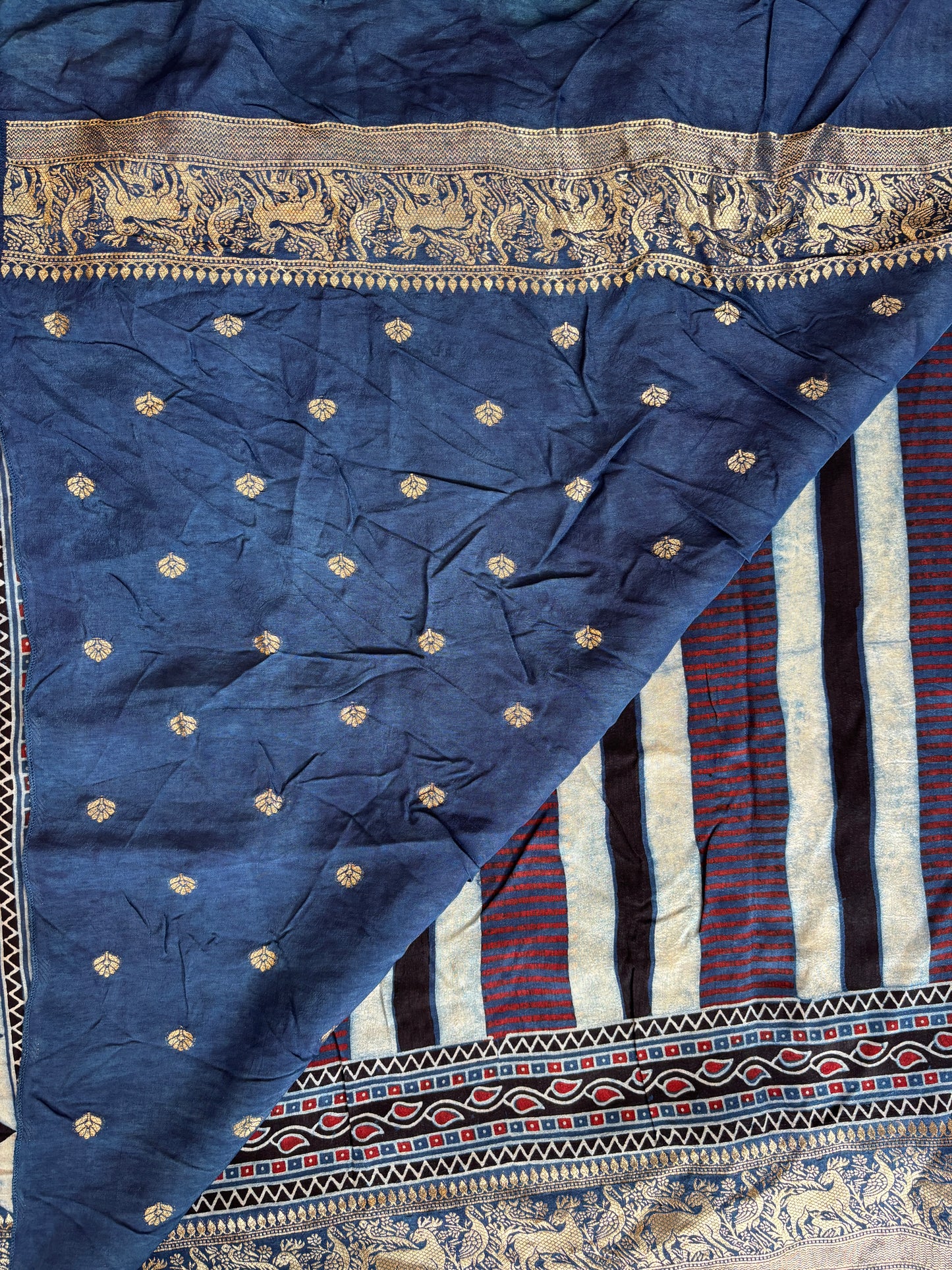 Indigo Pale Ivory and Madder Colour Ajrakh Saree In Dola Silk
