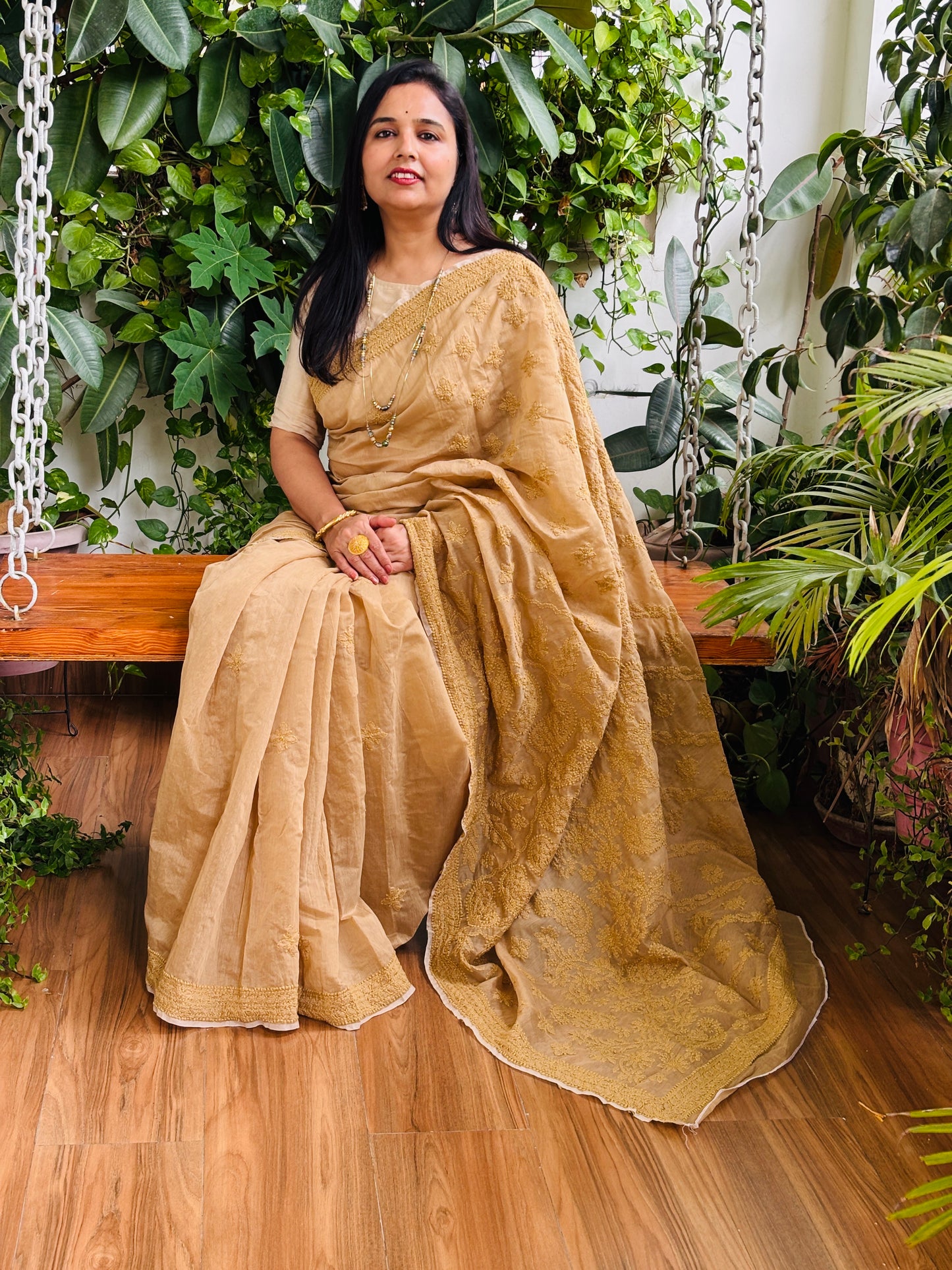 Light Golden Colour Chrushed Candri Cotton Chikankari Hand Embroidered Saree