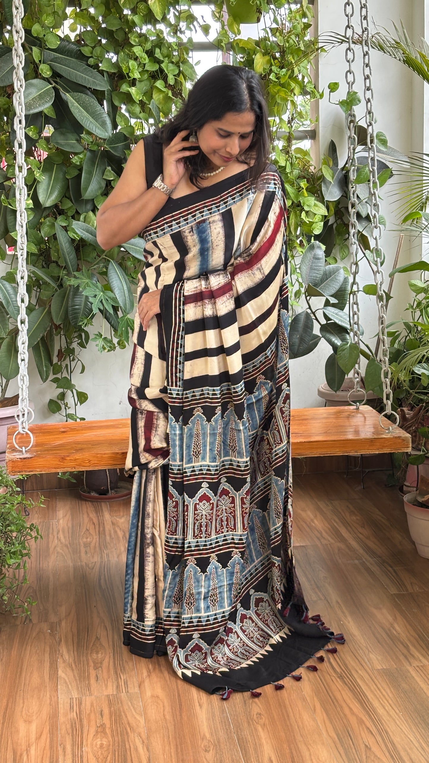 Bijaya- Natural Dyed Black Indigo and Madder Colour Contemporary Ajrakh Modal Saree