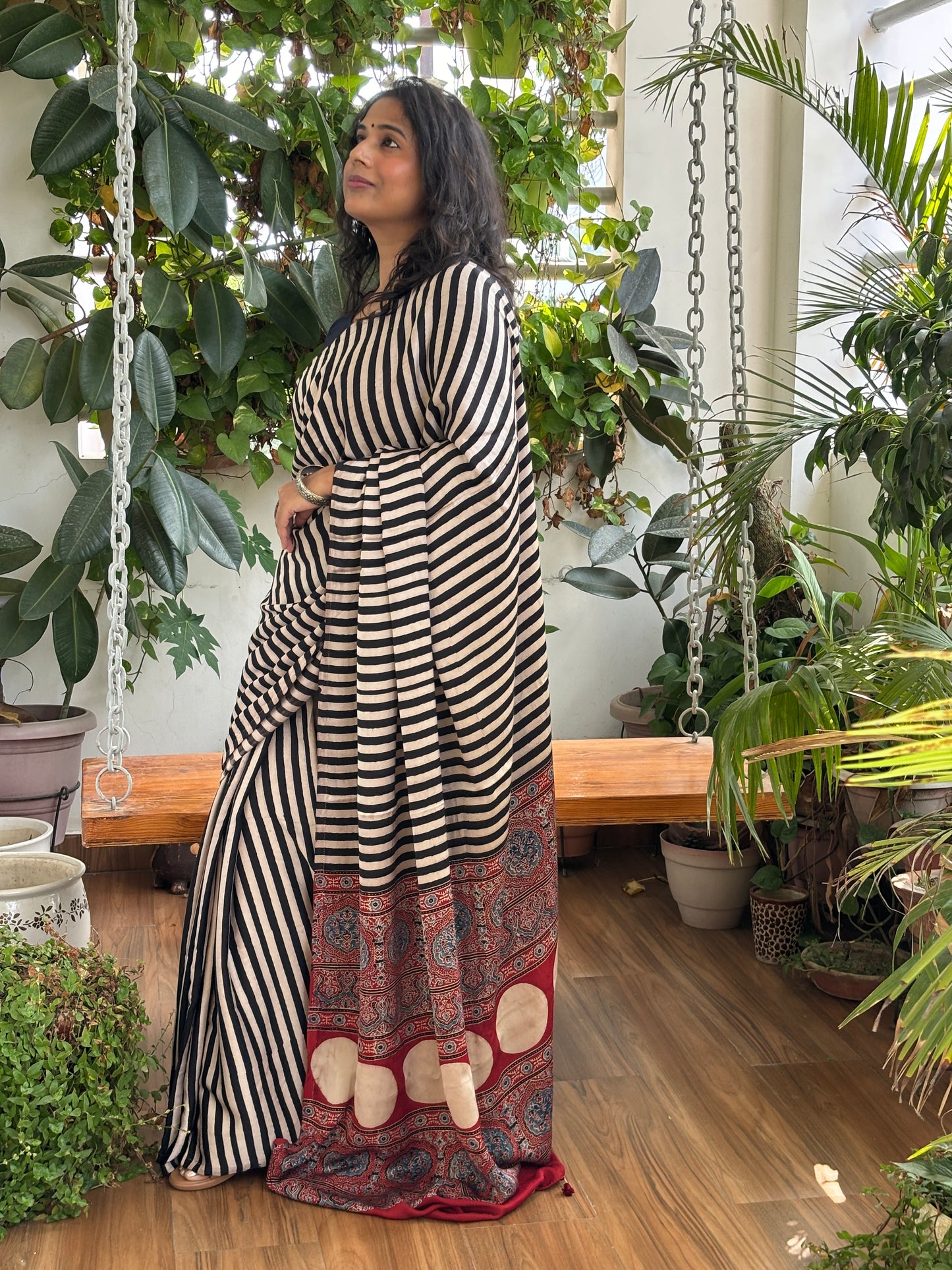 Raah Me Unse - Natural Dyed Madder and Pale Ivory Colour Contemporary Stripe Modal Saree