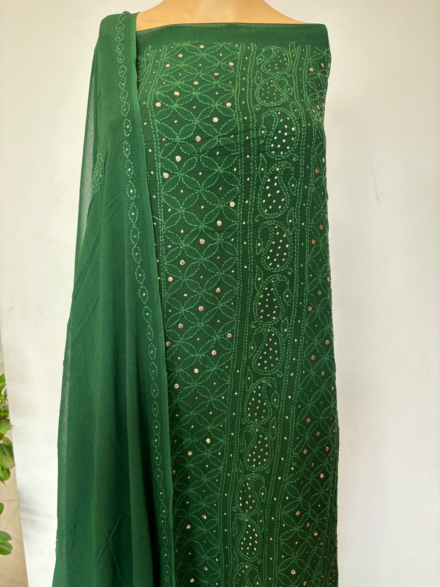 Green Intricate Chikankari Hand Embroidered Shirt and Dupatta Fabric Adorned With Mukaish