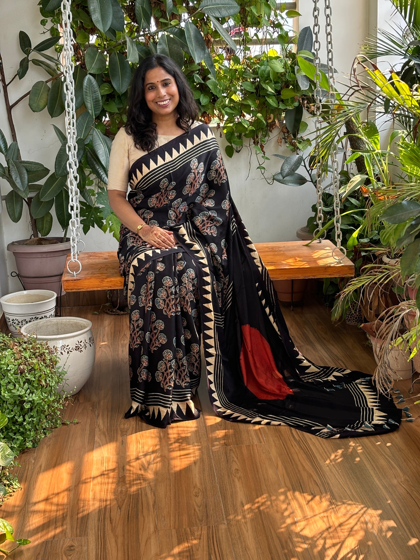 Blossom- Natural Dyed Black Floral Stalk Saree with Contemporary Anchal