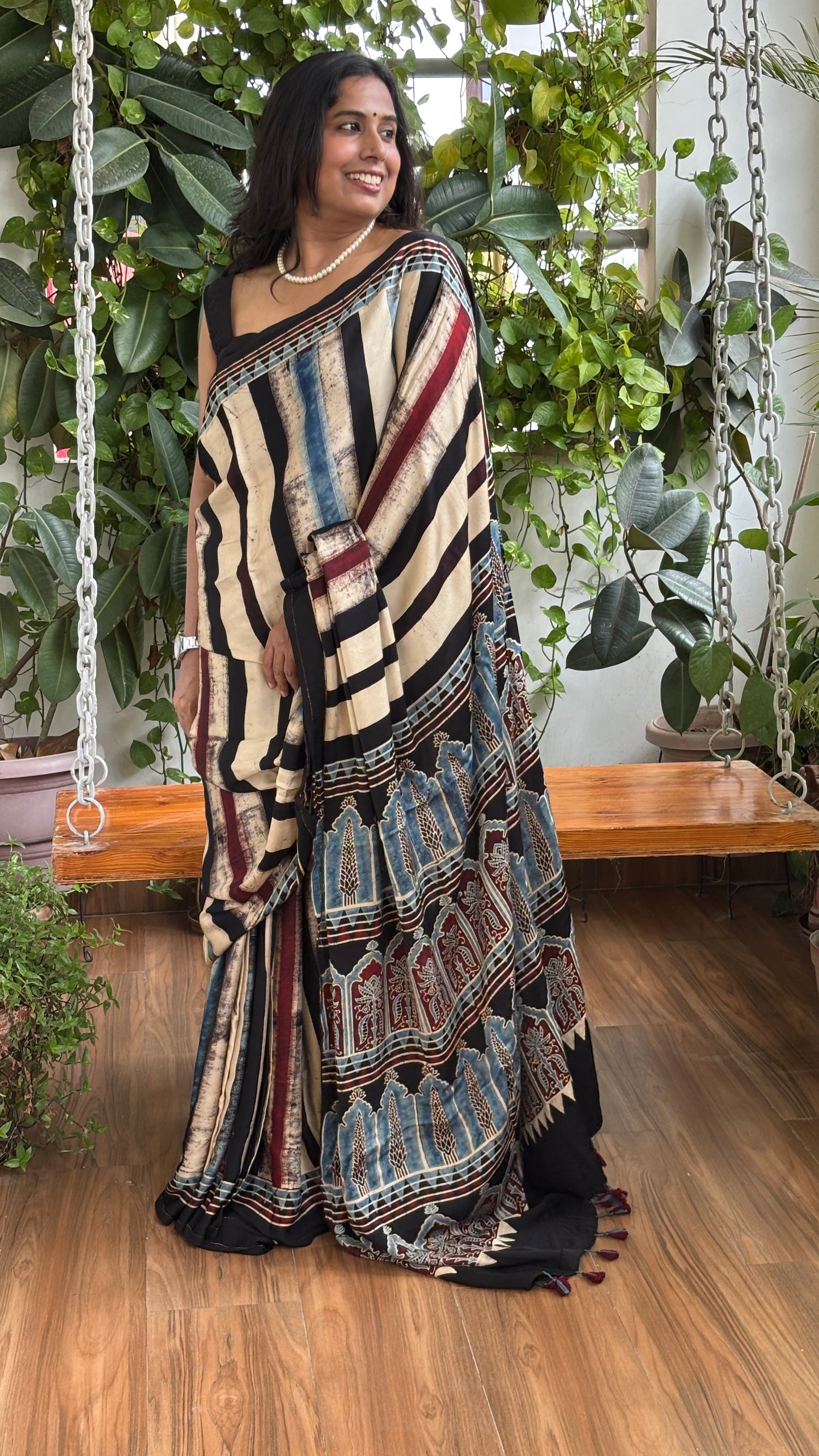 Bijaya- Natural Dyed Black Indigo and Madder Colour Contemporary Ajrakh Modal Saree