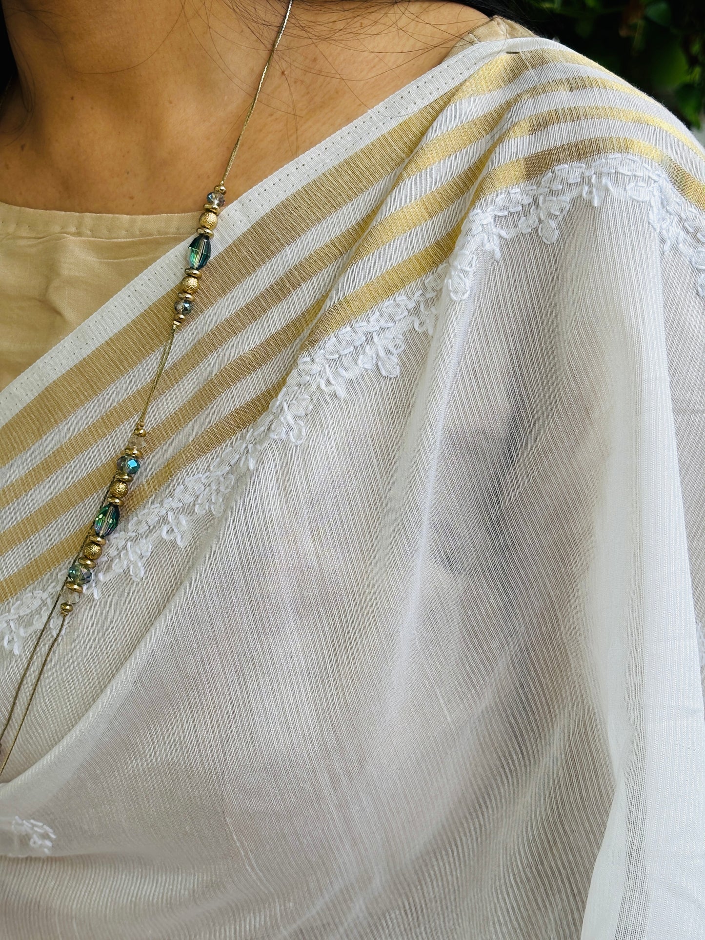 White Colour Candri Cotton Chikankari Hand Embroidered Saree