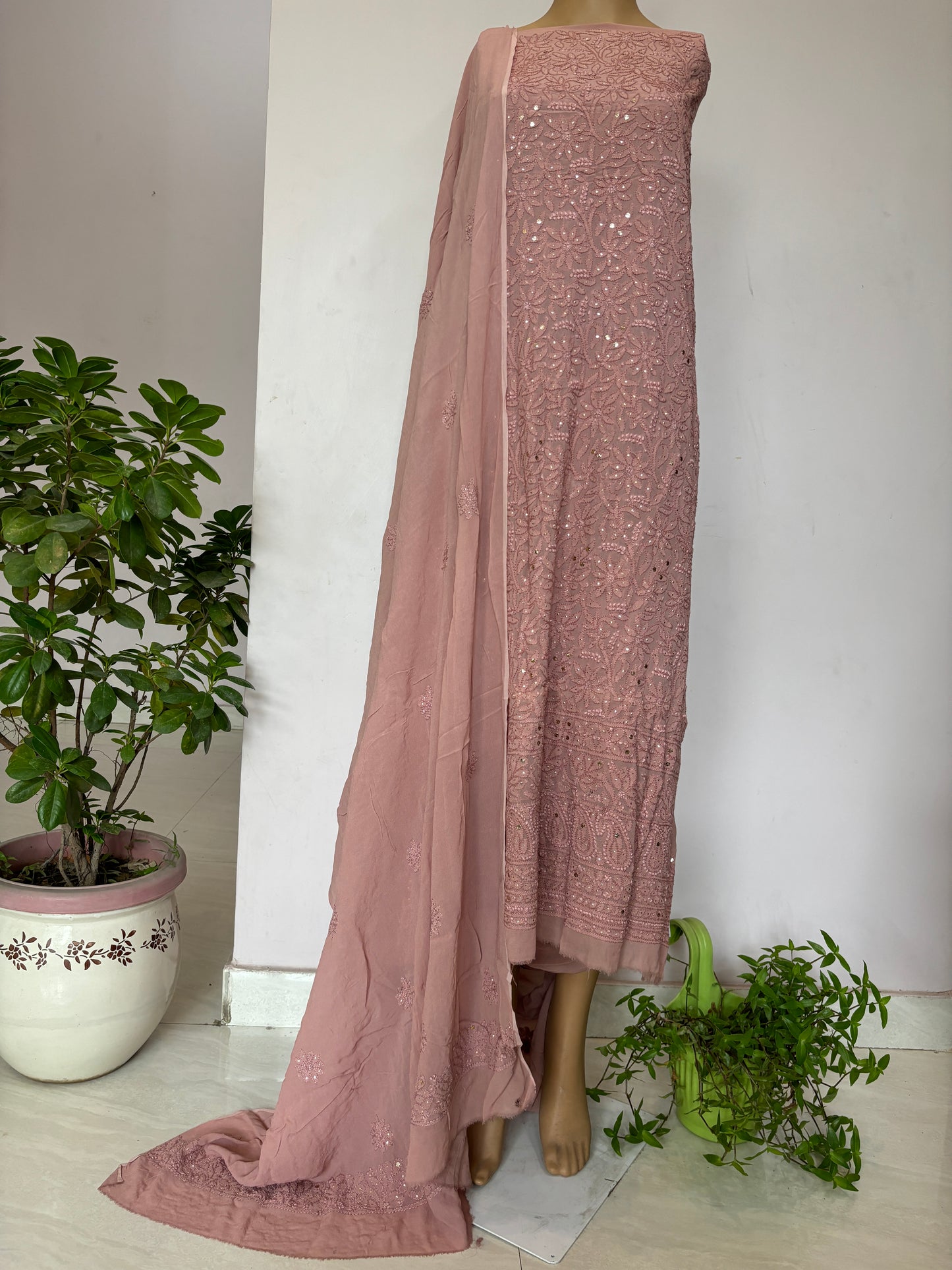 Peach Intricate Chikankari Hand Embroidered Shirt and Dupatta Fabric Adorned With Mukaish