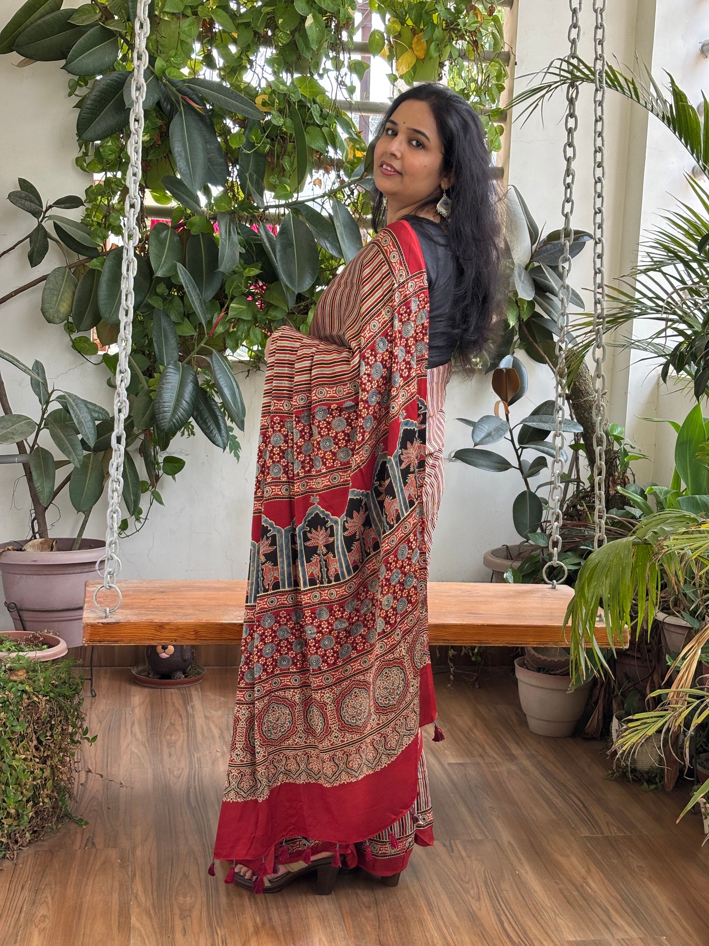 Aahana- Natural Dyed Madder Contemporary Ajrakh Modal Saree with Traditional Anchal
