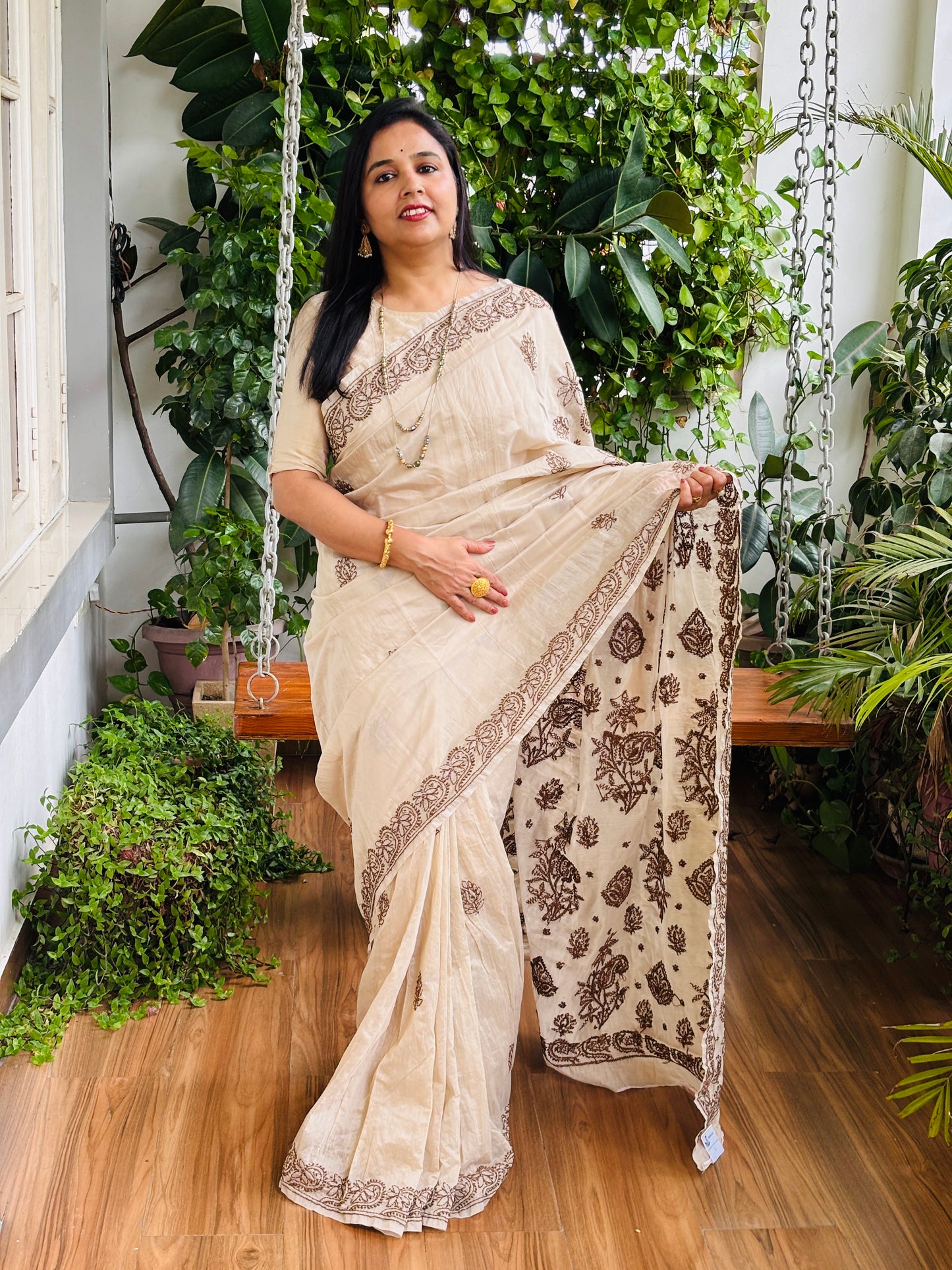 Pale Ivory Light Chrushed Candri Cotton Chikankari Hand Embroidered Saree