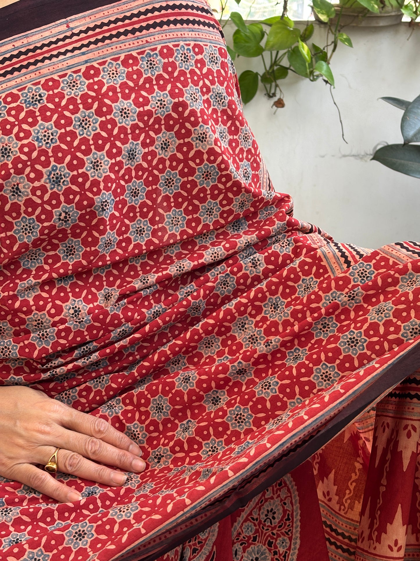 Organic Cotton Ajrakh Hand Block Printed Small Geometrical Motif Saree