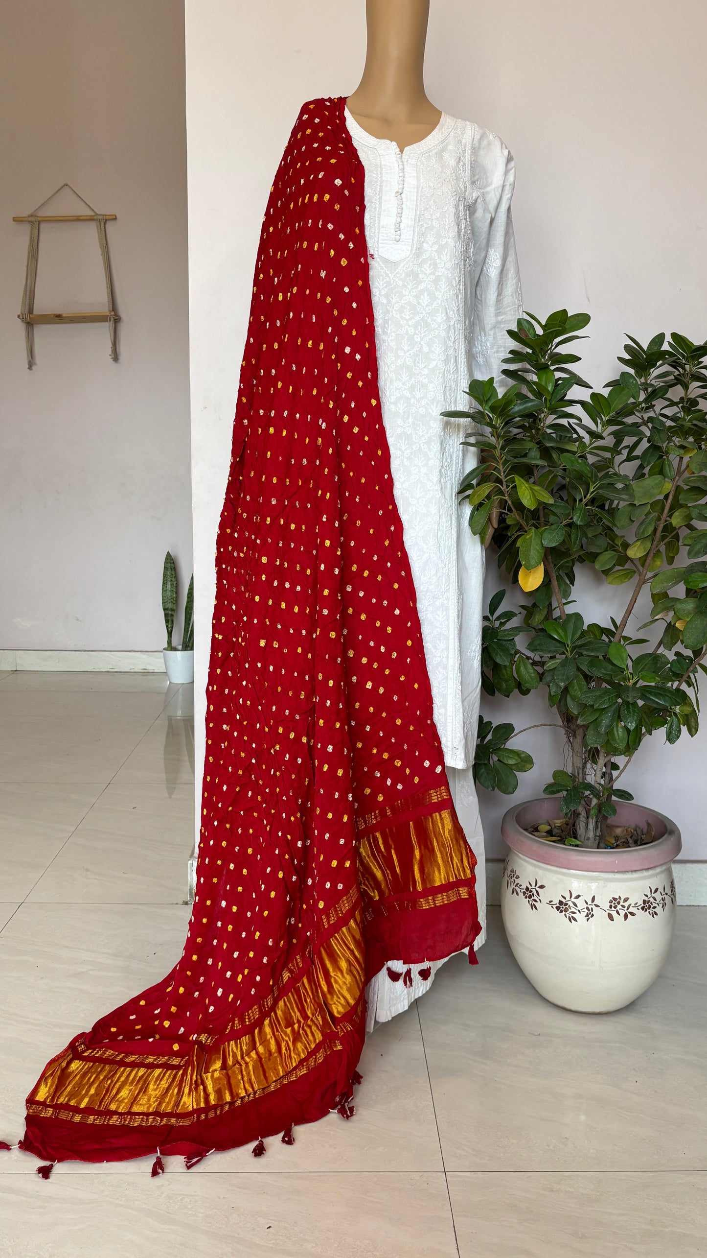 Modal Red Colour Dupatta with Bandhej and Tissue Palla