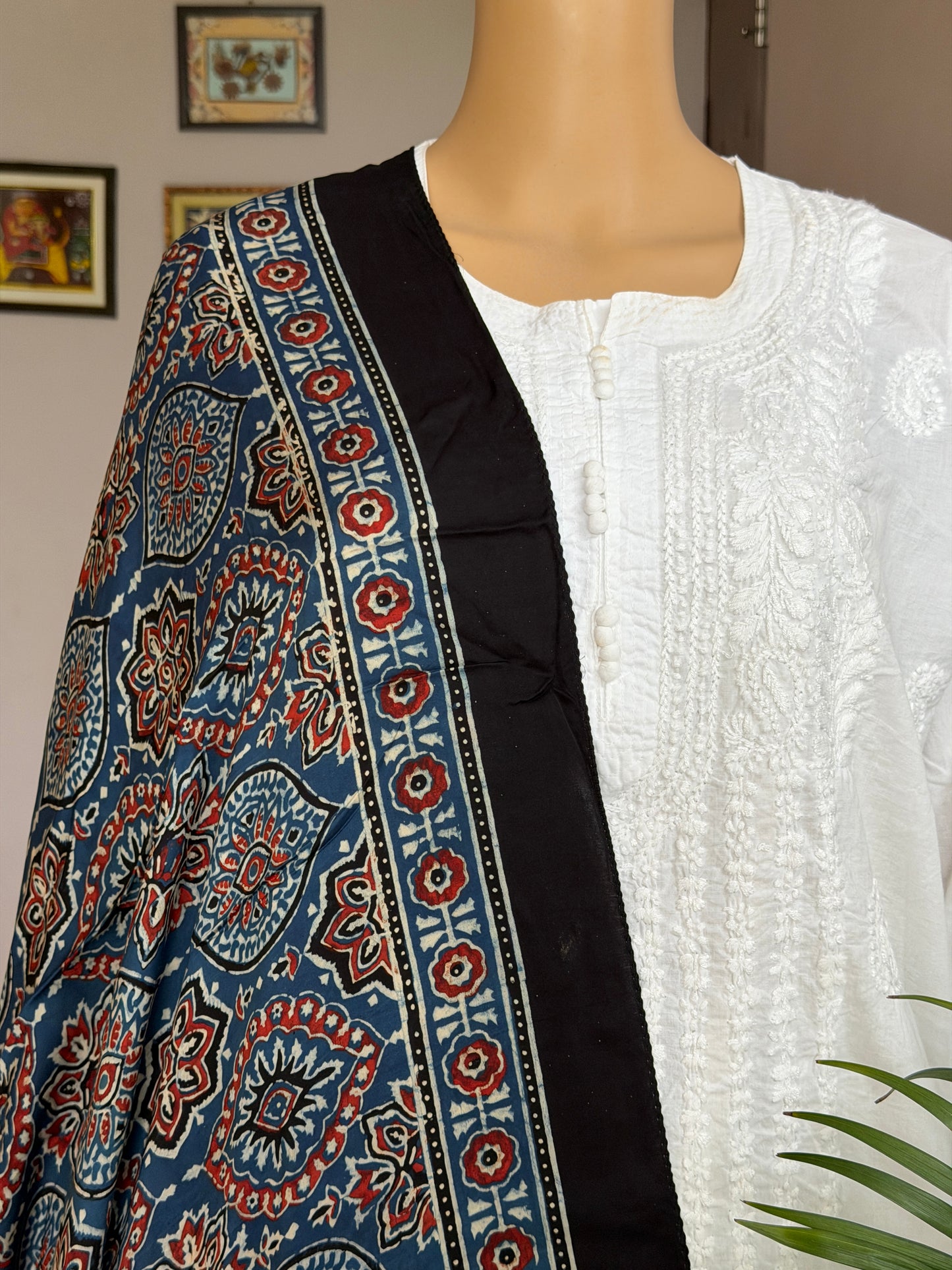 Indigo Natural Dyed Ajrakh Hand Block Printed Modal Stole