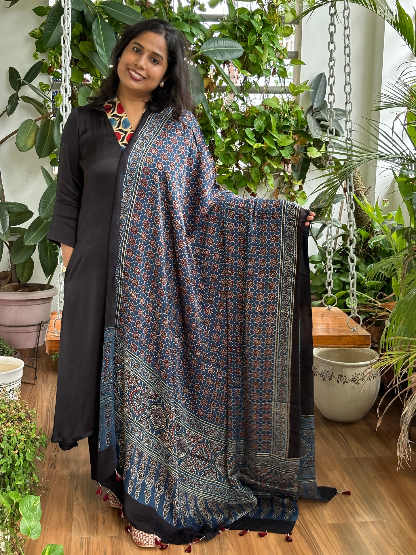 Ajrakh Modal Indigo Small Jaal Dupatta
