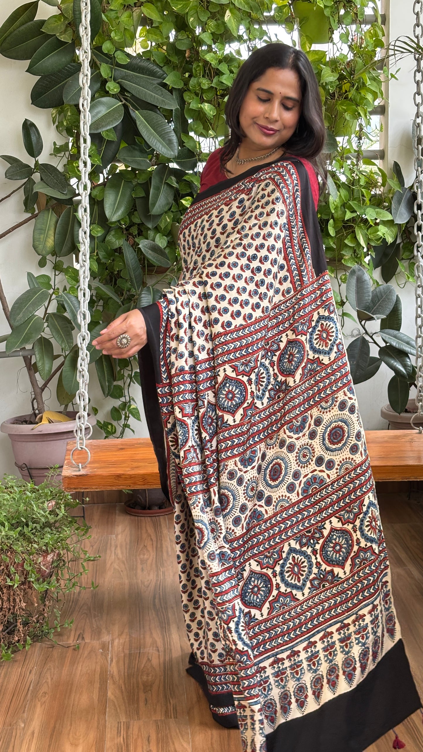 Aayat - Natural Dyed Pale Ivory Colour Ajrakh Hand Block Printed Modal Saree
