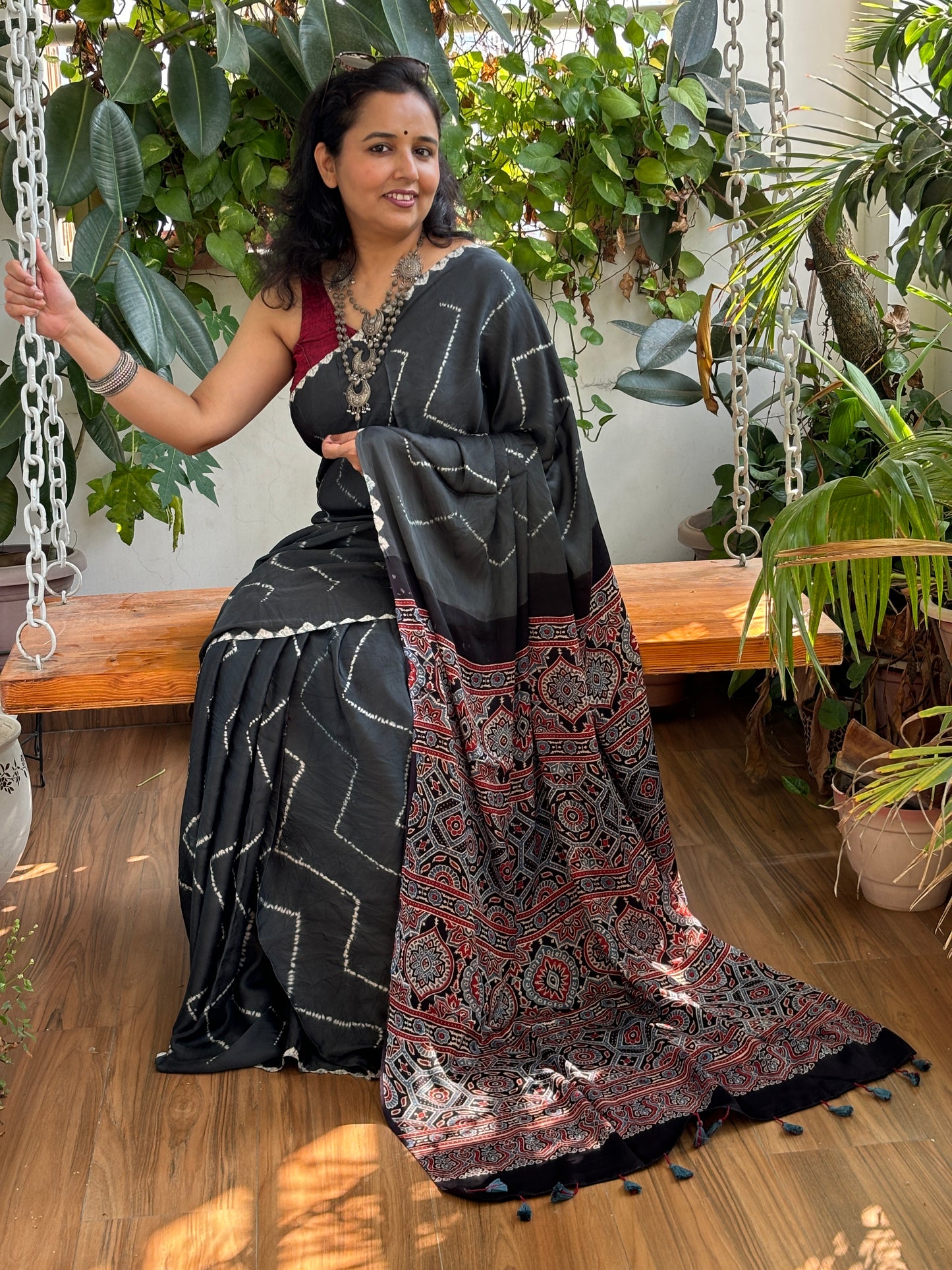 Kala Chasma Jachda - Needle Shibori Tie and Dye Pure Modal Saree With Ajrakh Hand Block Anchal and Blouse