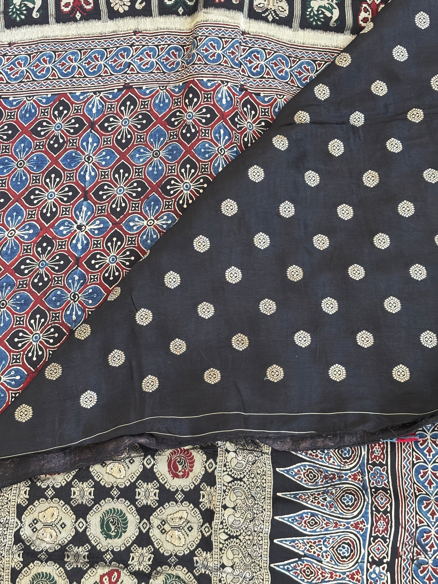 Shubho Black - Beautiful Natural Dyed Ajrakh Dola Silk Saree with Banarasi Border and Anchal