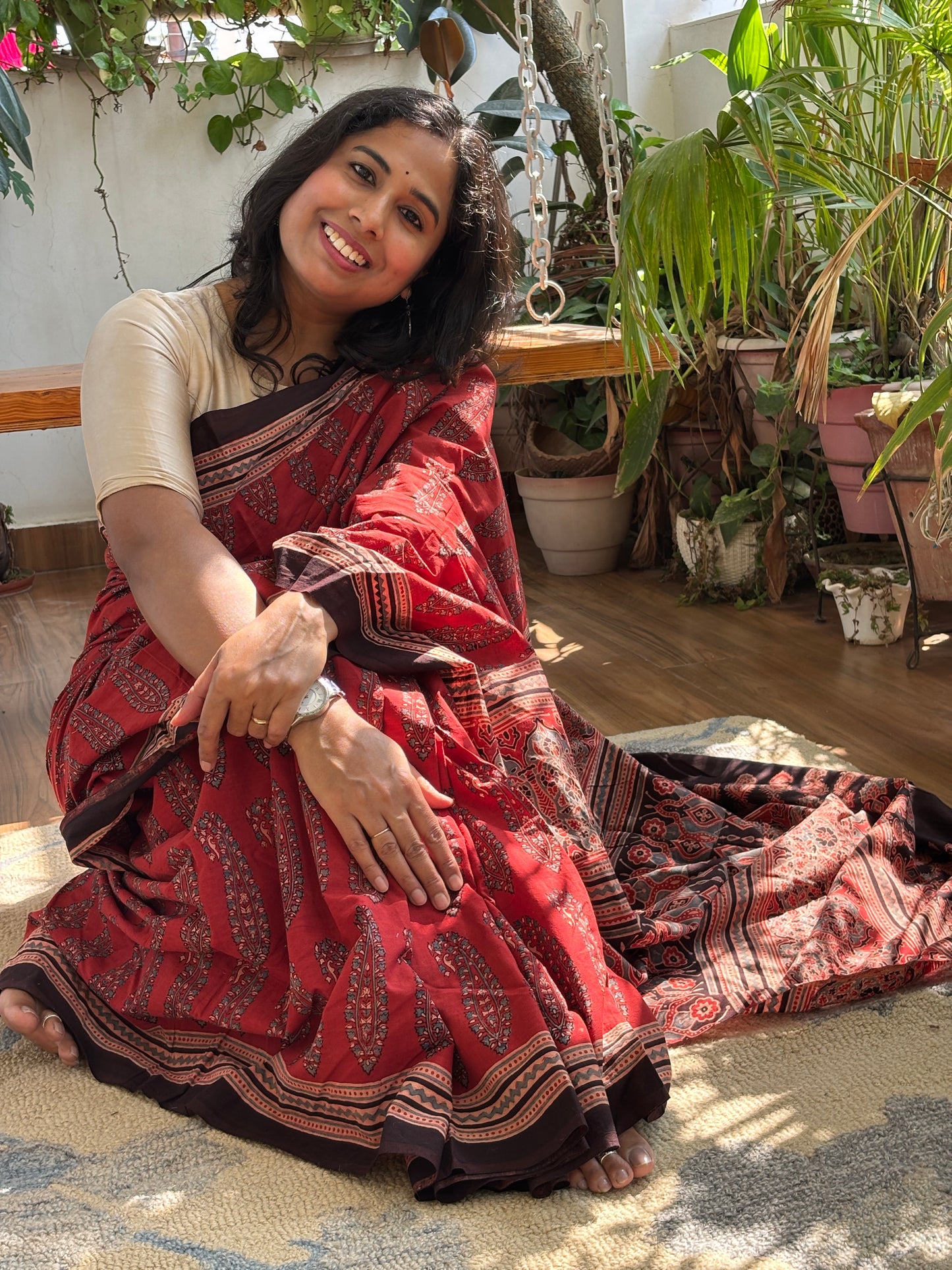 Organic Cotton Ajrakh Hand Block Printed Floral Paisaly Motif