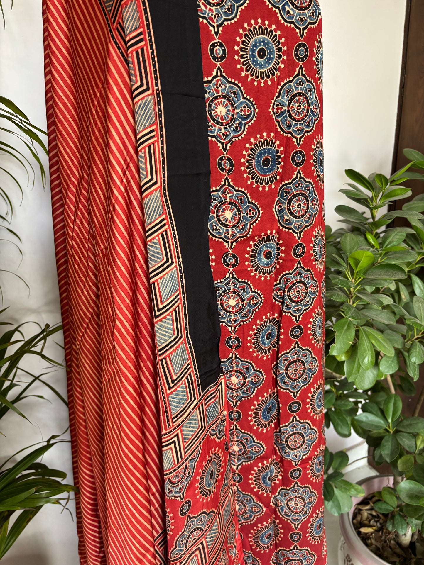 Natural Dyed Ajrakh modal 3 piece suit fabric closer view