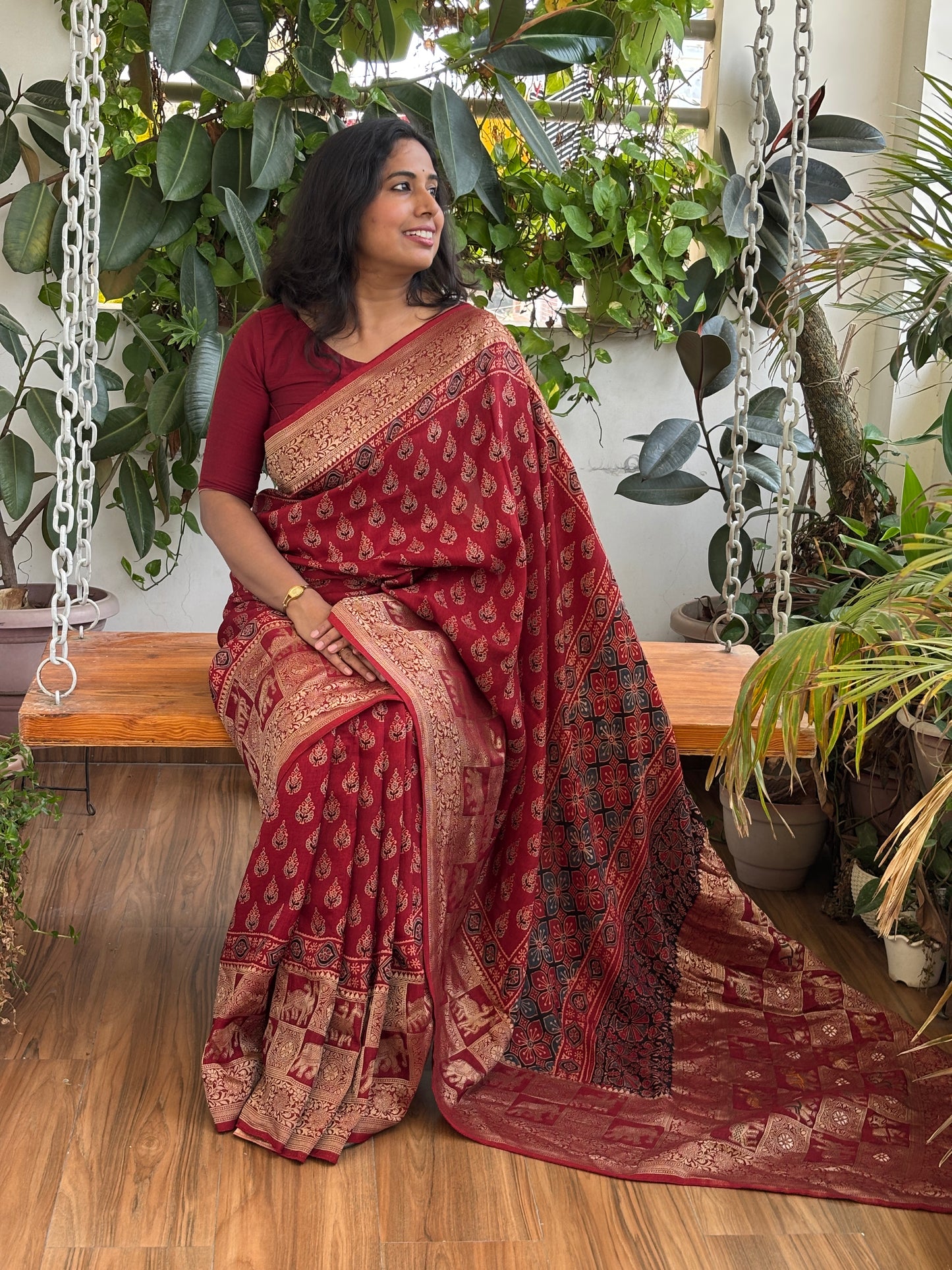 Lal Pankhudi - Madder Colour Natural Dyed Small Floral Motif Ajrakh Hand Block Printed Dola Silk Saree