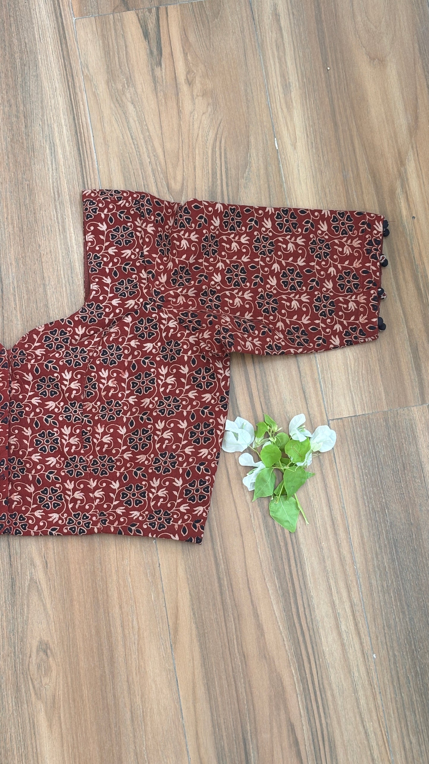 Dark Red Floral Jaal Motif Cotton Sweetheart Neck Blouse. With Cotton Lining. For size chart refer to last picture