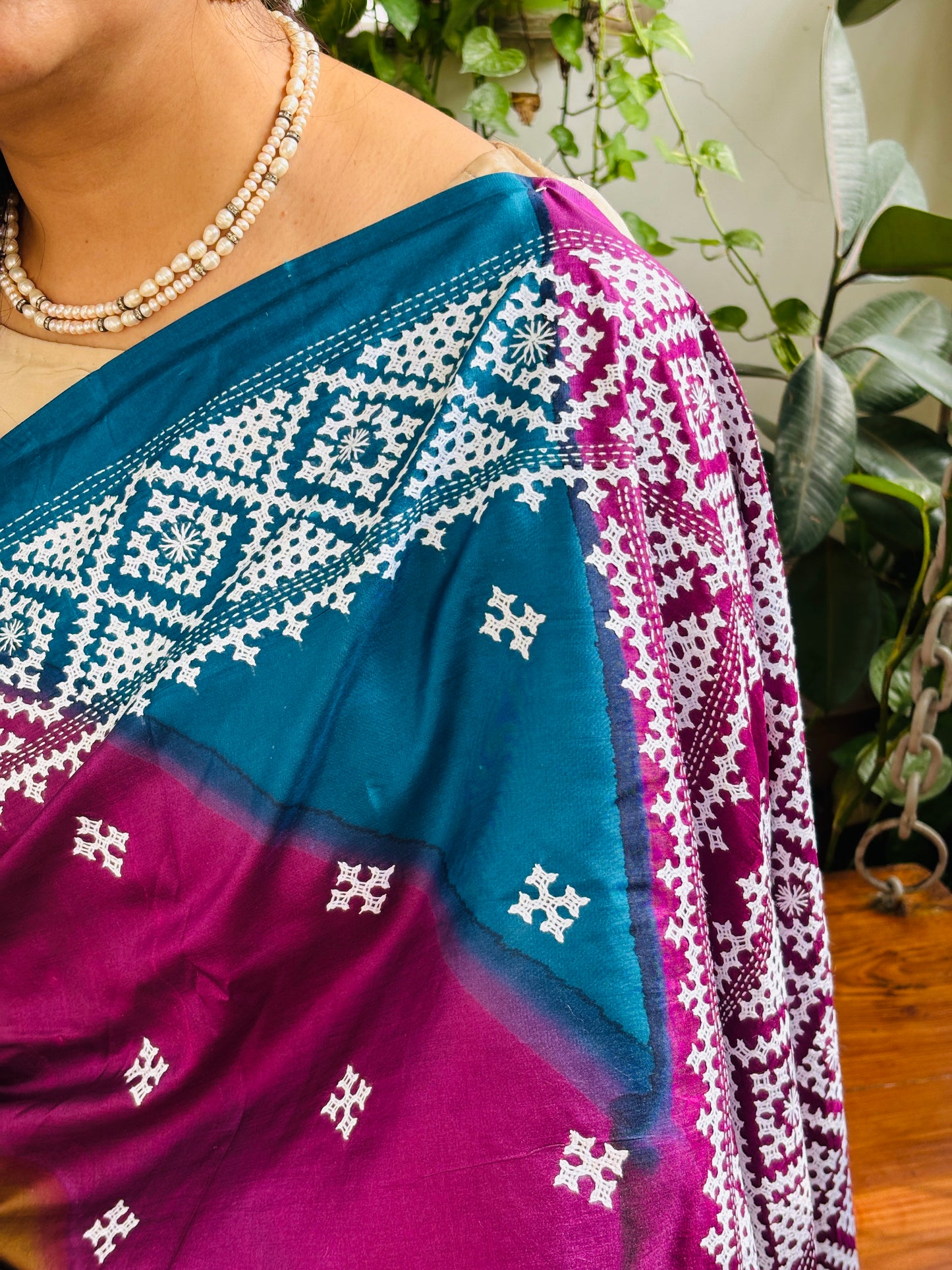 Gujarati Hand Embroidered Pure Bangalore Silk Saree in Multi Colour Tie and Dyed Body and Purple Palla