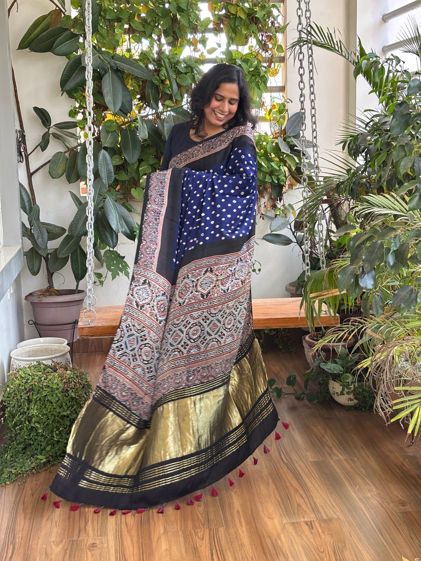 Neela Asman - Hand Bandhej Body and Ajrakh Hand Block Anchal and Border Modal Gaji Silk Saree