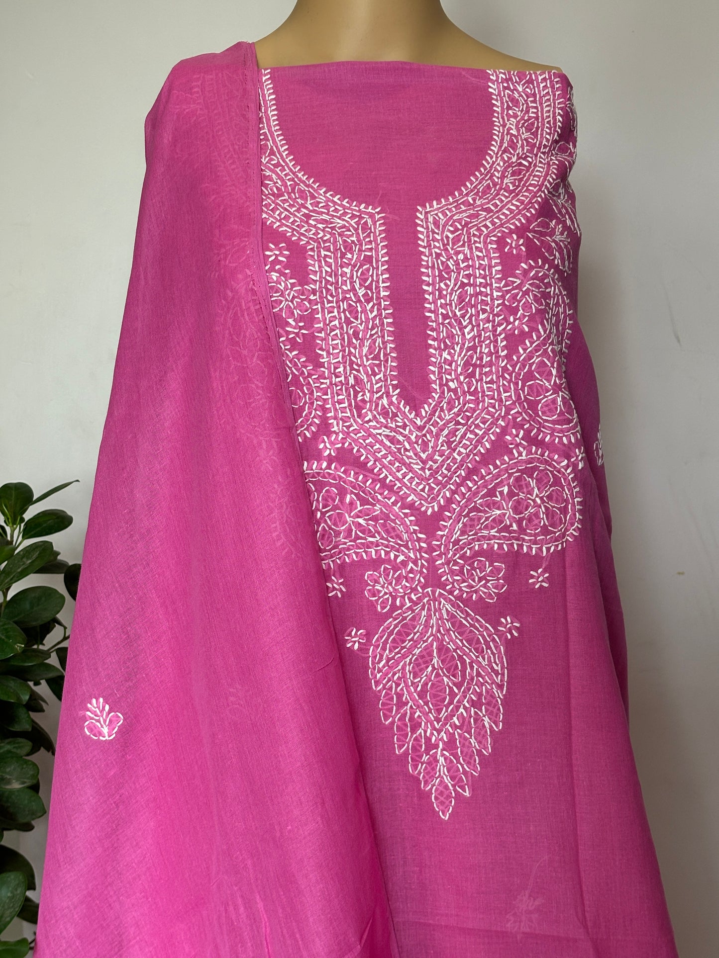 Pink Chikankari Hand Embroidered Shirt, Bottom and Dupatta Fabric in Cotton (Copy)