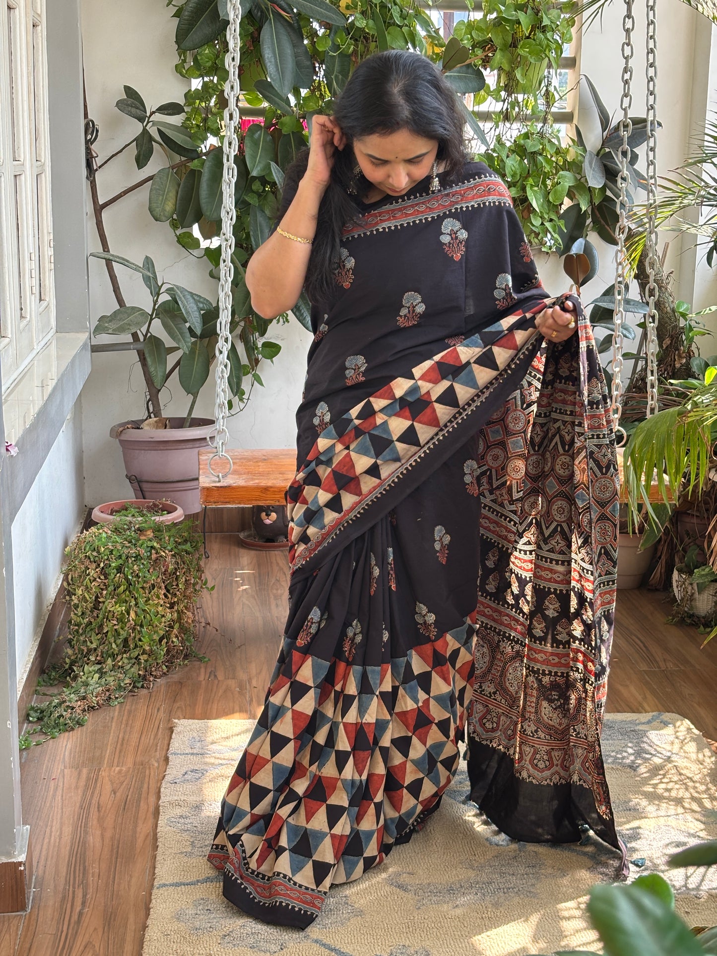 Organic Cotton Ajrakh Hand Block Printed Contemporary Saree