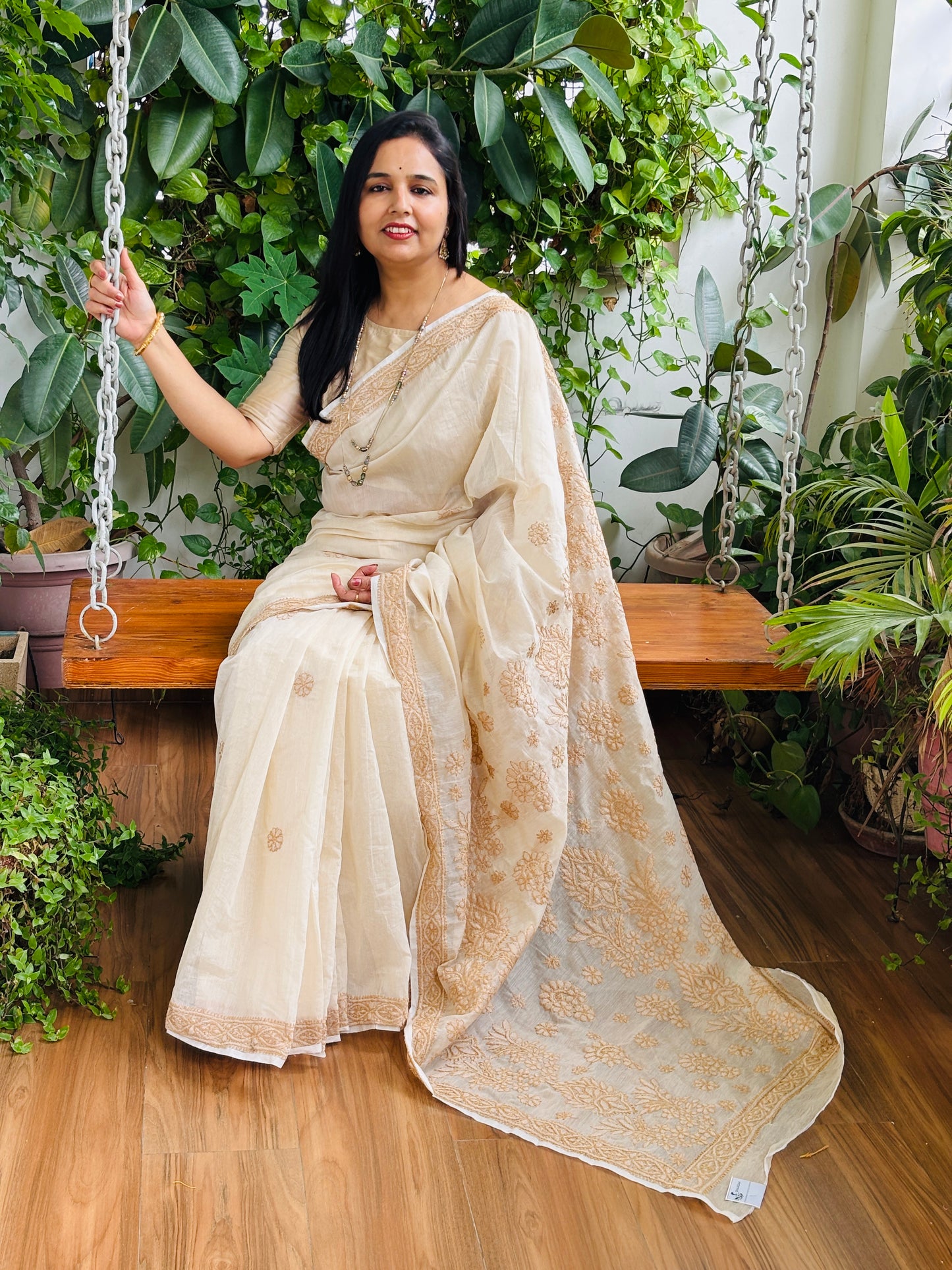Light Beige Colour Chrushed Candri Cotton Chikankari Hand Embroidered Saree