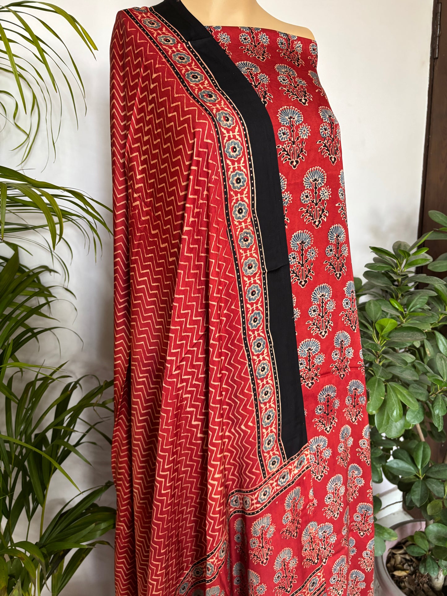 Natural Dyed Ajrakh modal 3 piece suit fabric closer view