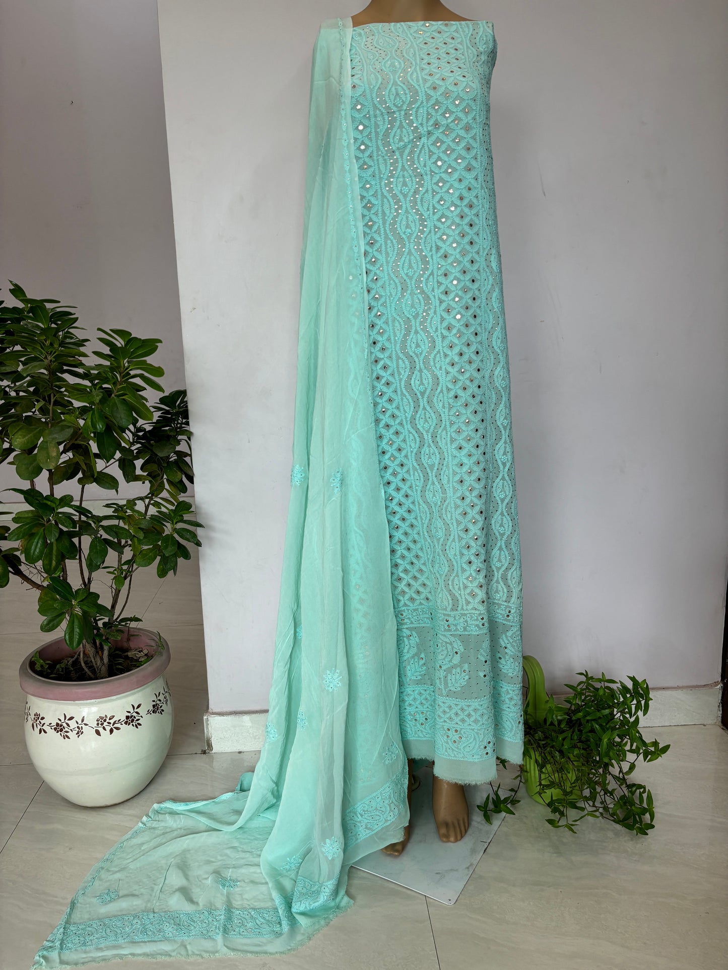 Sea Green Intricate Chikankari Hand Embroidered Shirt and Dupatta Fabric Adorned With Mukaish