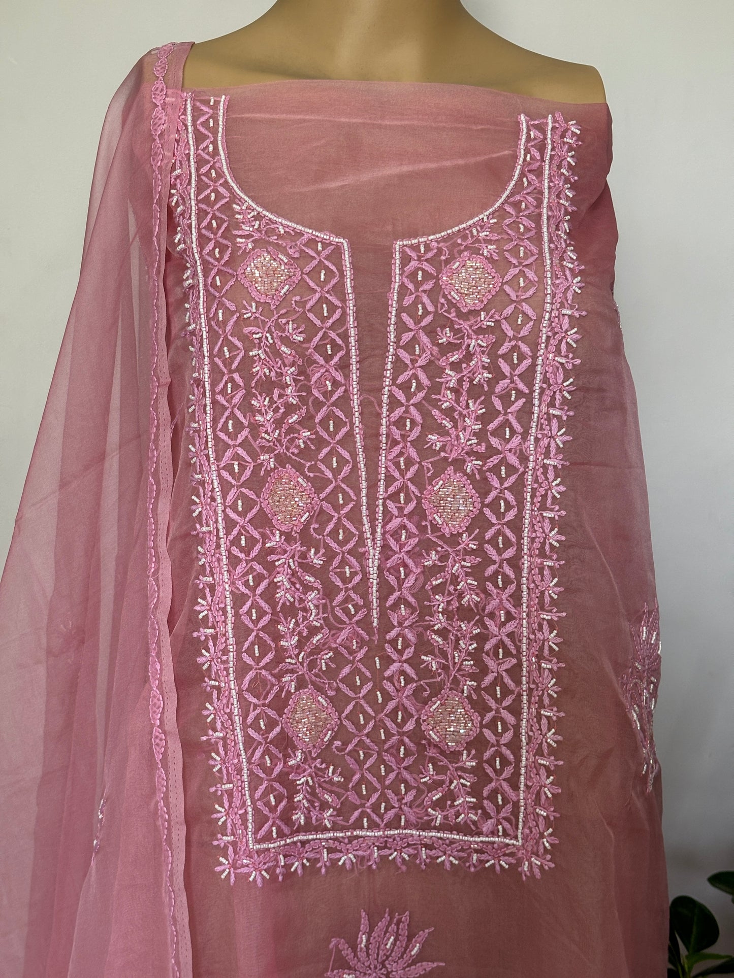 Pink Chikankari Hand Embroidered Shirt with Pearl and Cutdana Work on Organza Fabric