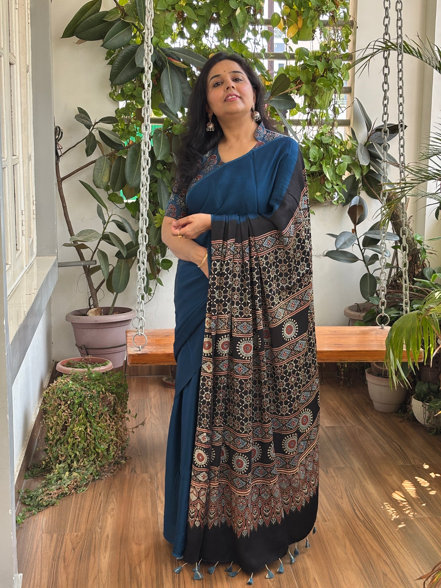 Sindhu - Blue Colur Body and Natural Dyed Ajrakh Anchal Premium Modal Saree