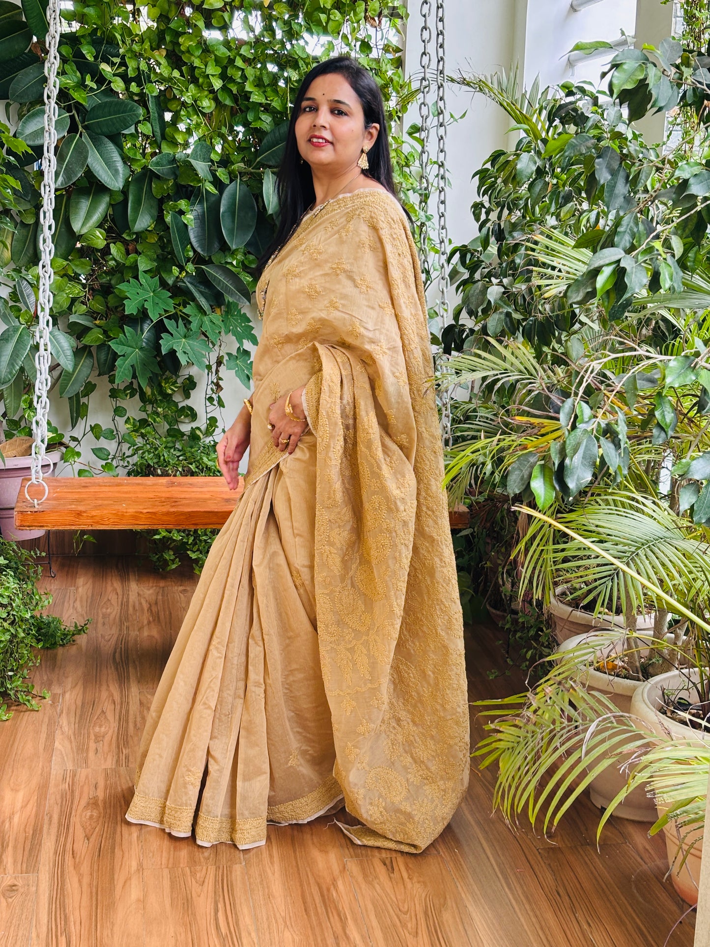 Light Golden Colour Chrushed Candri Cotton Chikankari Hand Embroidered Saree