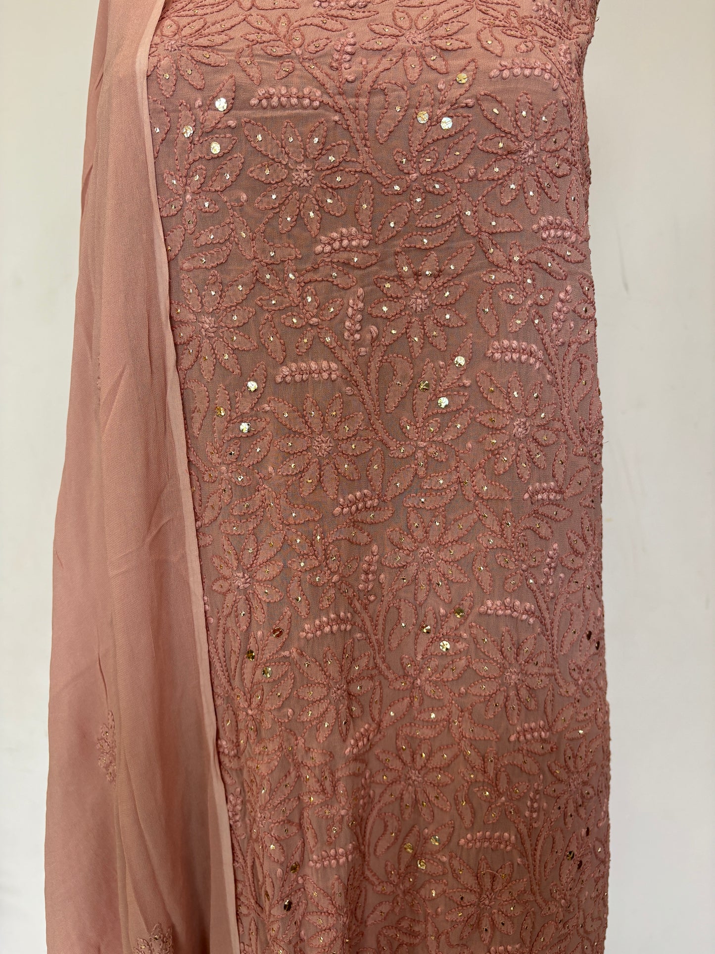 Peach Intricate Chikankari Hand Embroidered Shirt and Dupatta Fabric Adorned With Mukaish