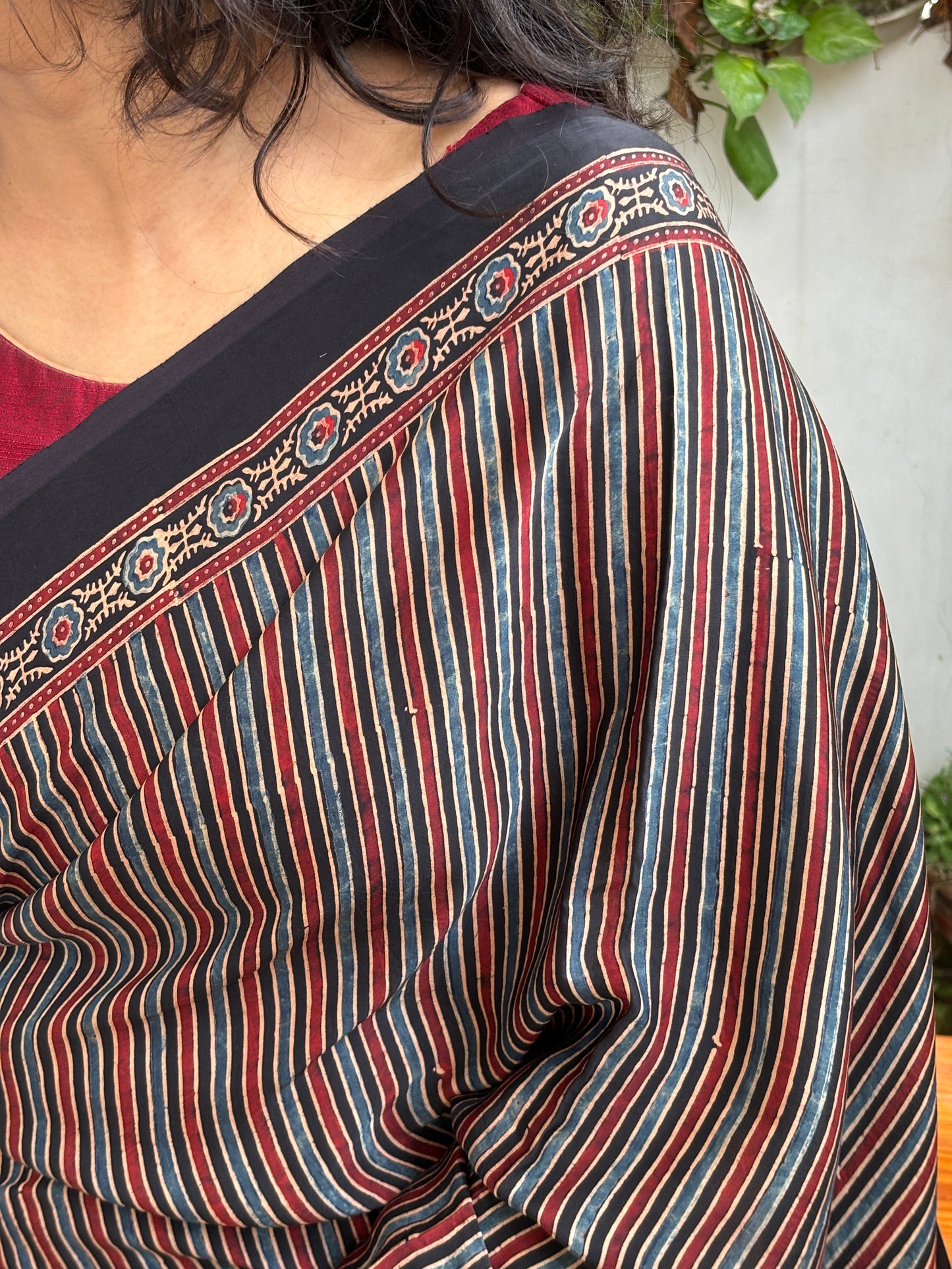 Black Ajrakh Modal Saree, contemporary saree,close view.