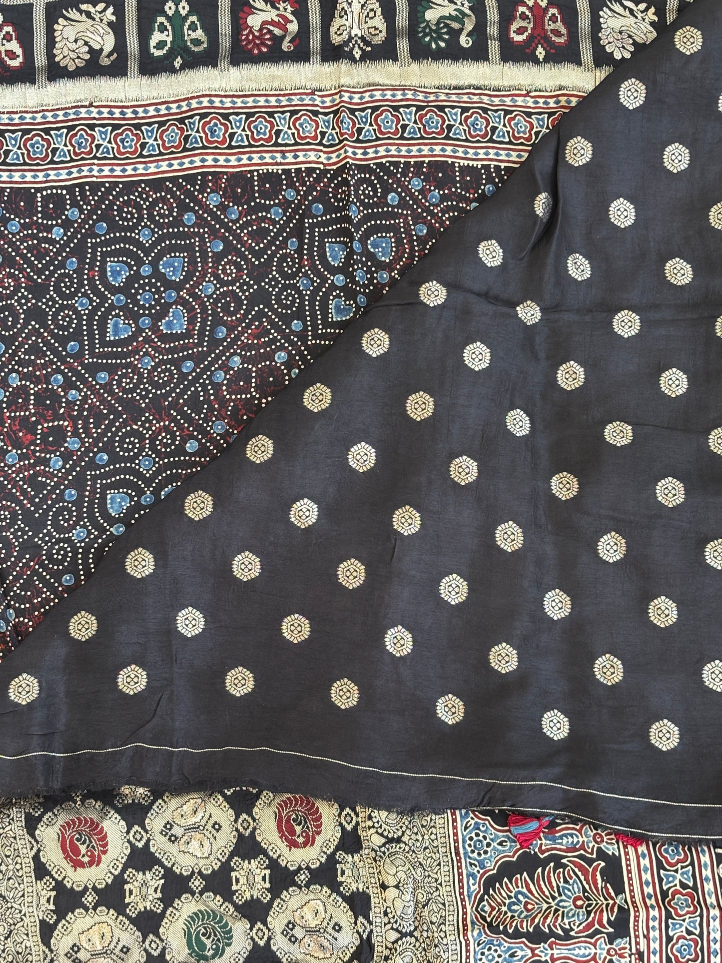 Night Sky - Beautiful Natural Dyed Ajrakh Dola Silk Saree with Banarasi Border and Anchal