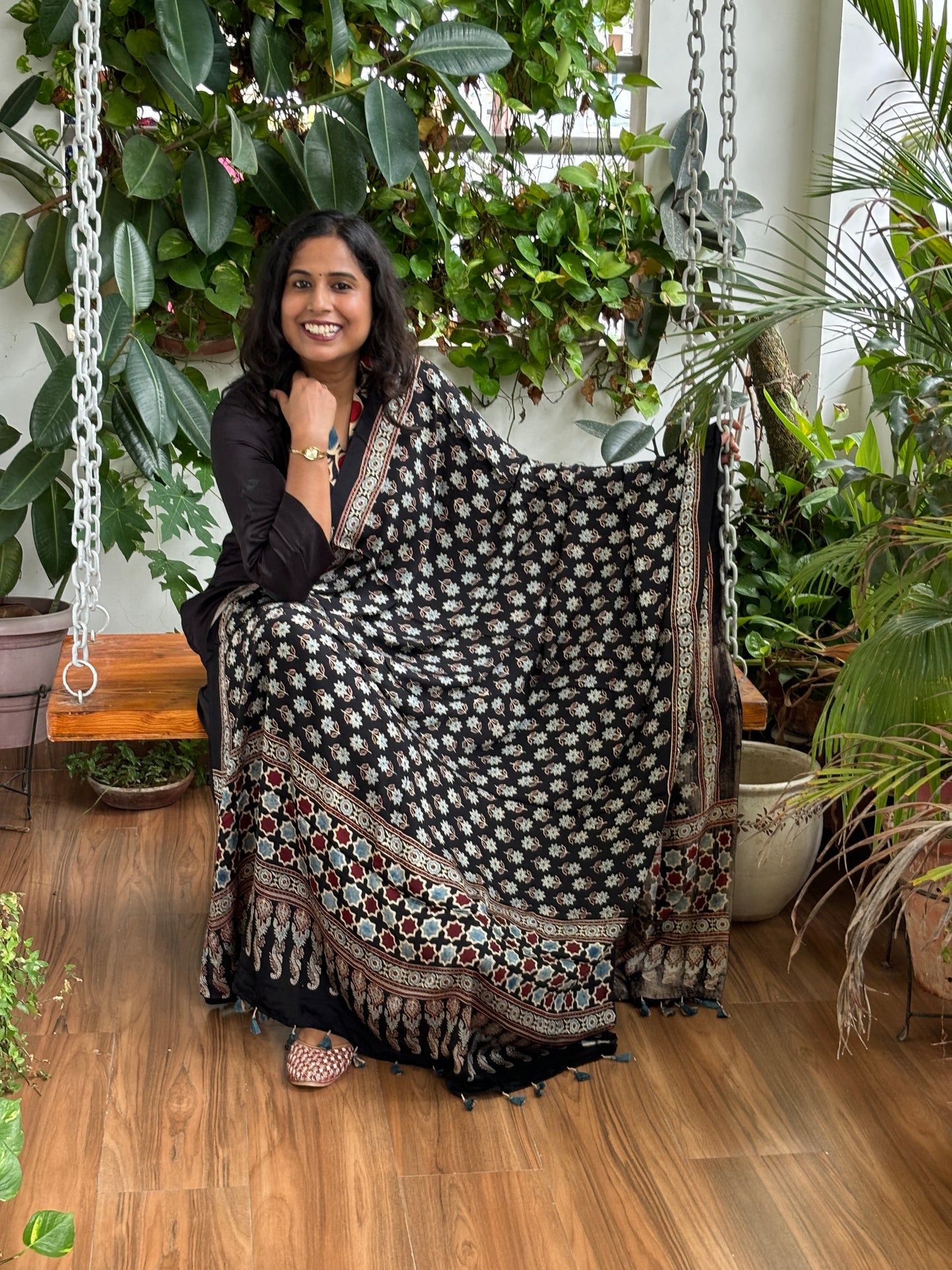 Ajrakh Black Natural Dyed Modal Dupatta with Small Indigo Floral Motif