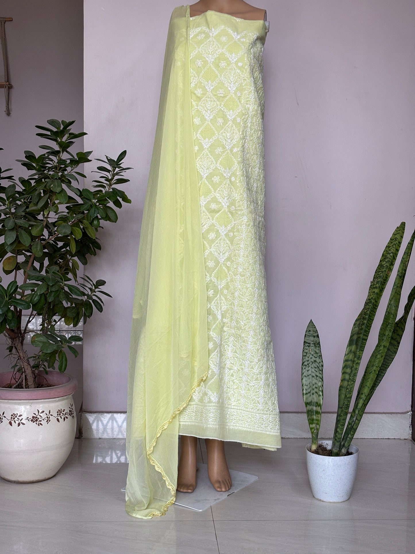 Lime Green Colour Chikankari Hand Embroidered Cotton Shirt, Bottom and Chiffon Dupatta