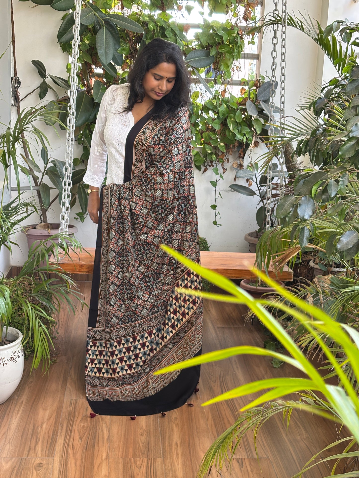 Ajrakh Hand Block Printed Black Colour Square Floral Motif Dupatta