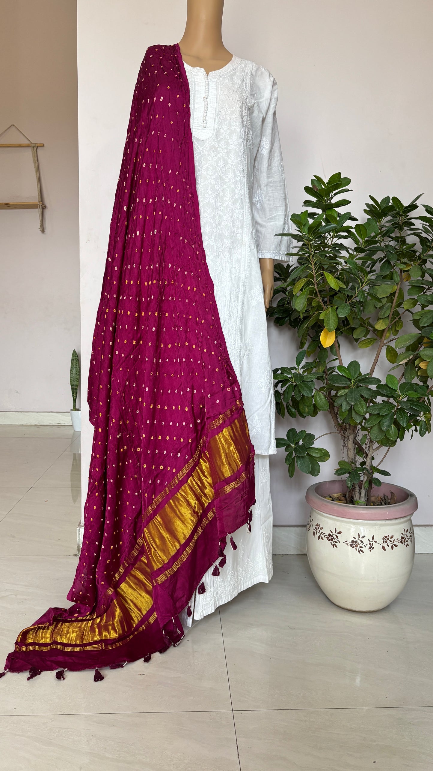 Modal Magenta Dupatta with Bandhej and Tissue Palla