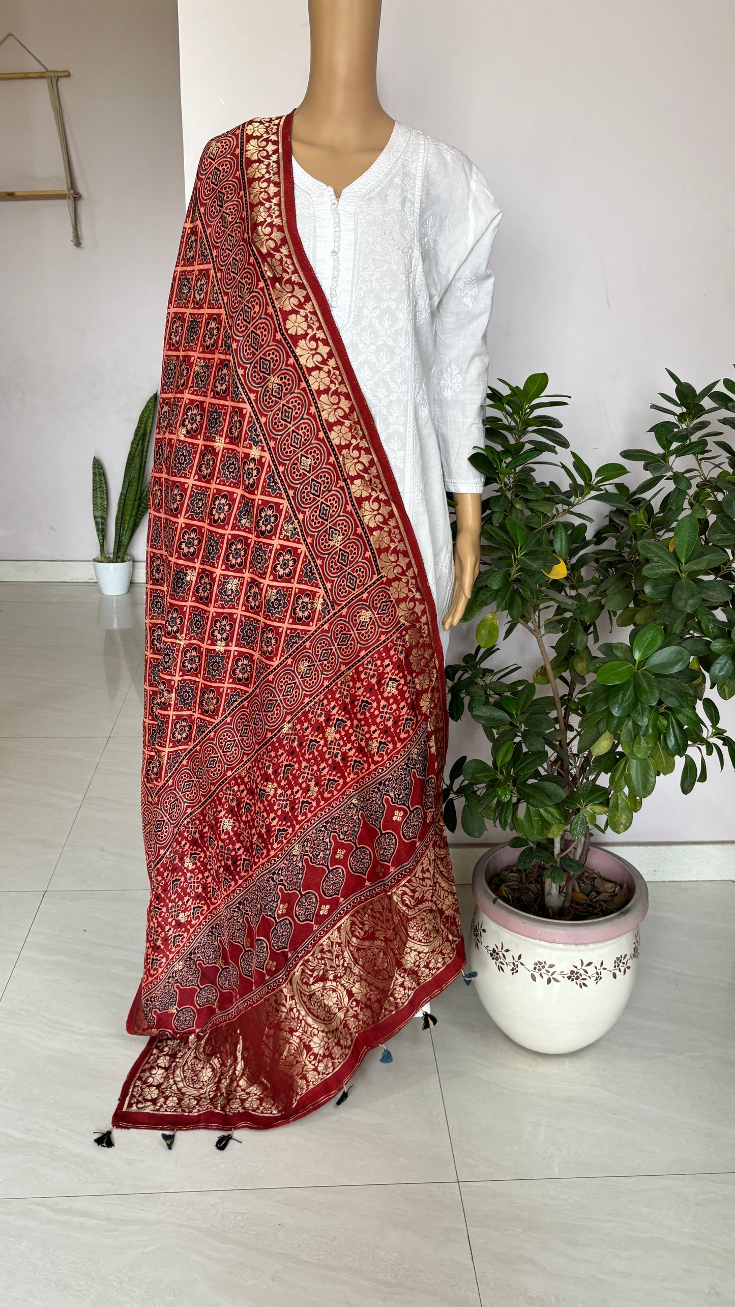 Natural Dyed Madder Colour - Hand Block Ajrakh Dola Silk Dupatta With Zari Weaved Border-6