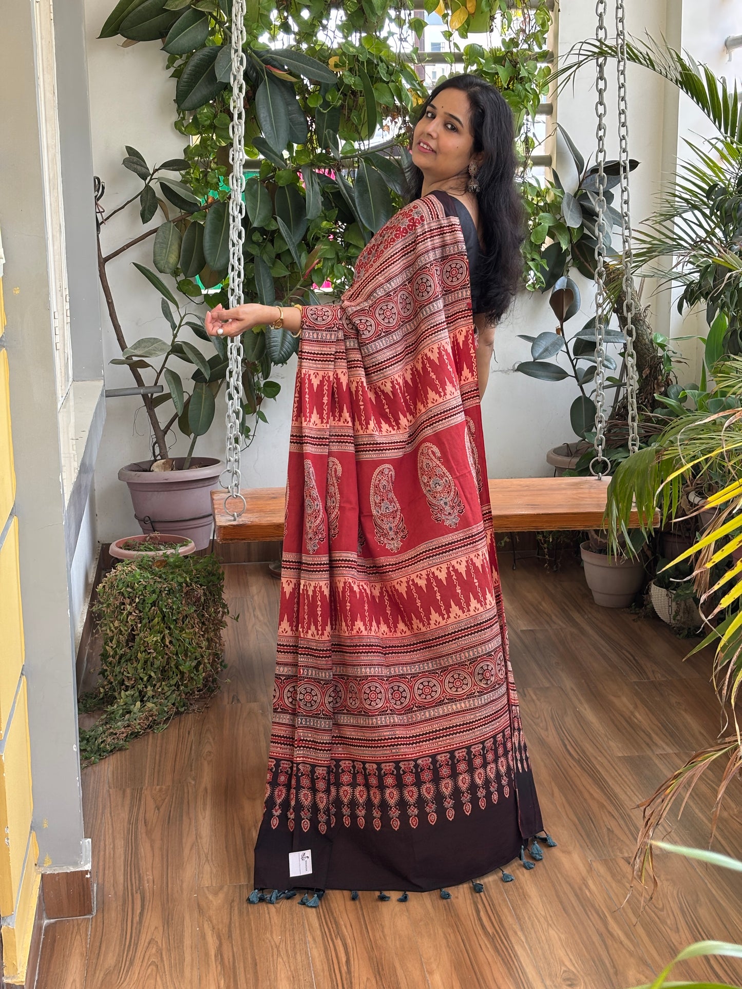 Organic Cotton Ajrakh Hand Block Printed Small Geometrical Motif Saree