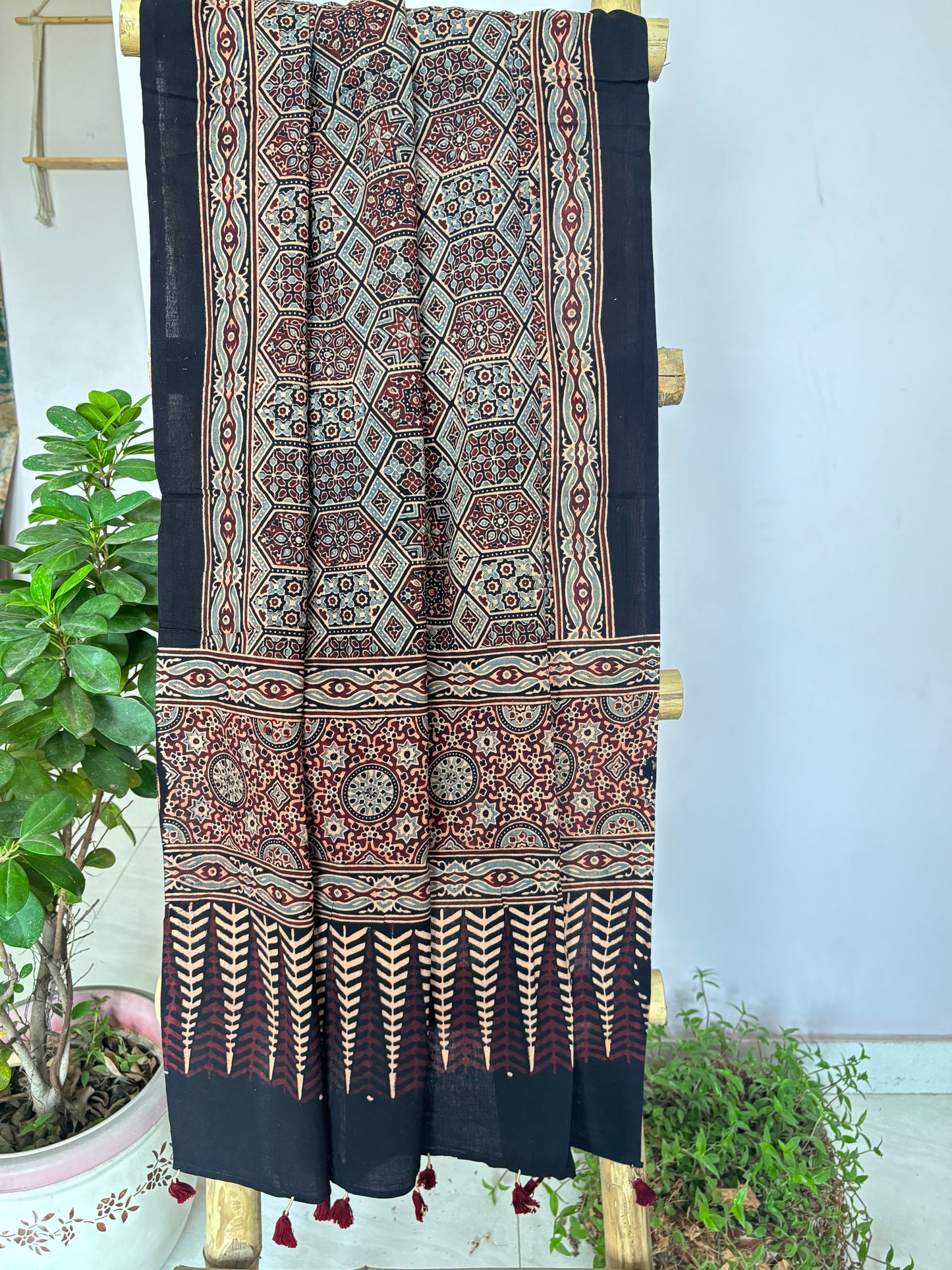 Ajrakh Cotton Dupatta- Natural Dyed Black Colour Hexagon Motif Contemporary Dupatta