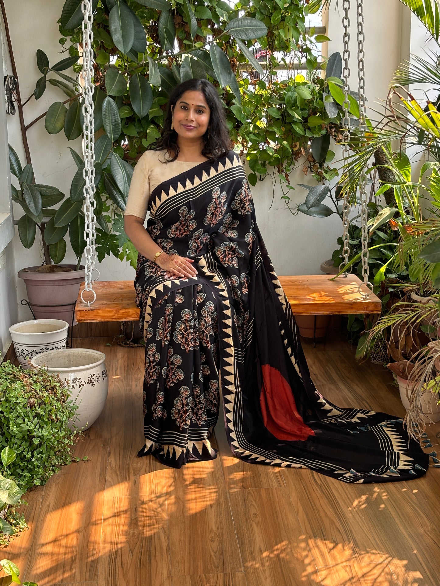 Blossom- Natural Dyed Black Floral Stalk Saree with Contemporary Anchal