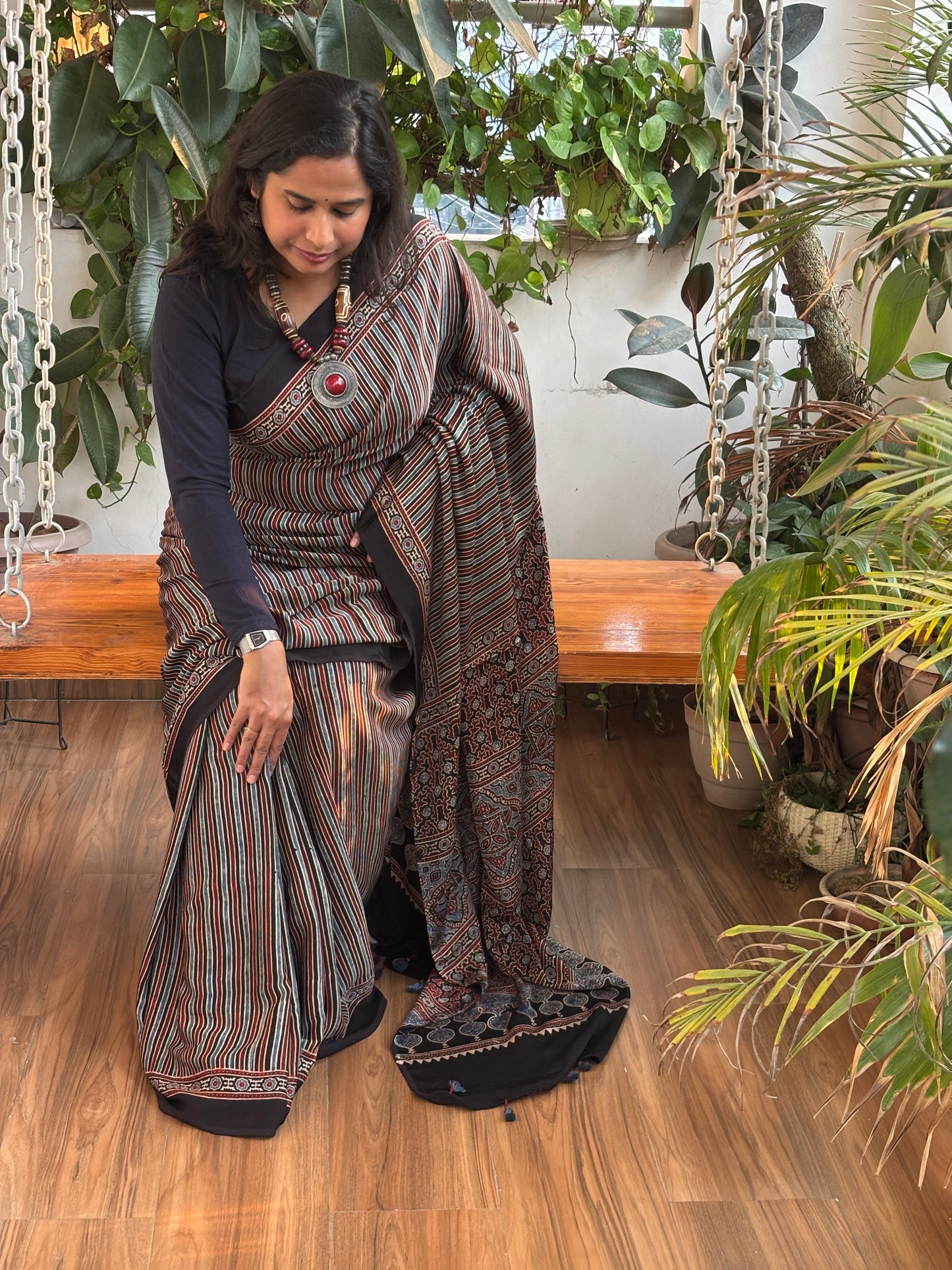 Life is Sorted - Natural Dyed Ajrakh Multi Colour Contemporary Stripe Motif Modal Saree
