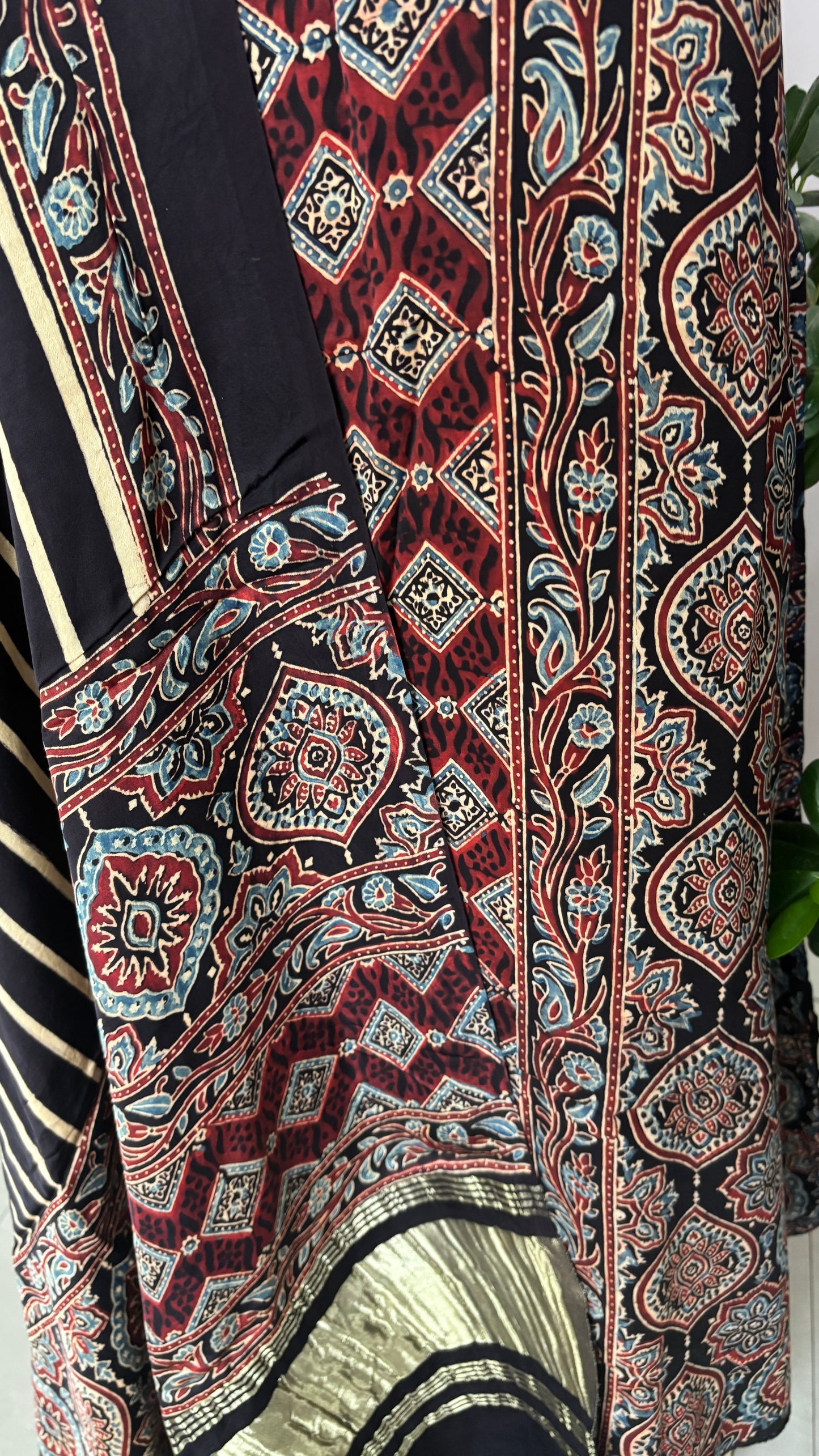 Natural Dyed Ajrakh Black Colour Badambuta with Front Panel Motif Block Printed Shirt with Vertical Stripe Bottom and Dupatta