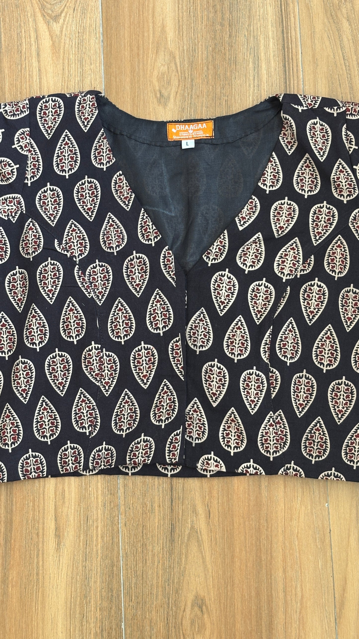 Black Leaf Motif Cotton 'V' Neck Blouse. With Cotton Lining. For size chart refer to last picture