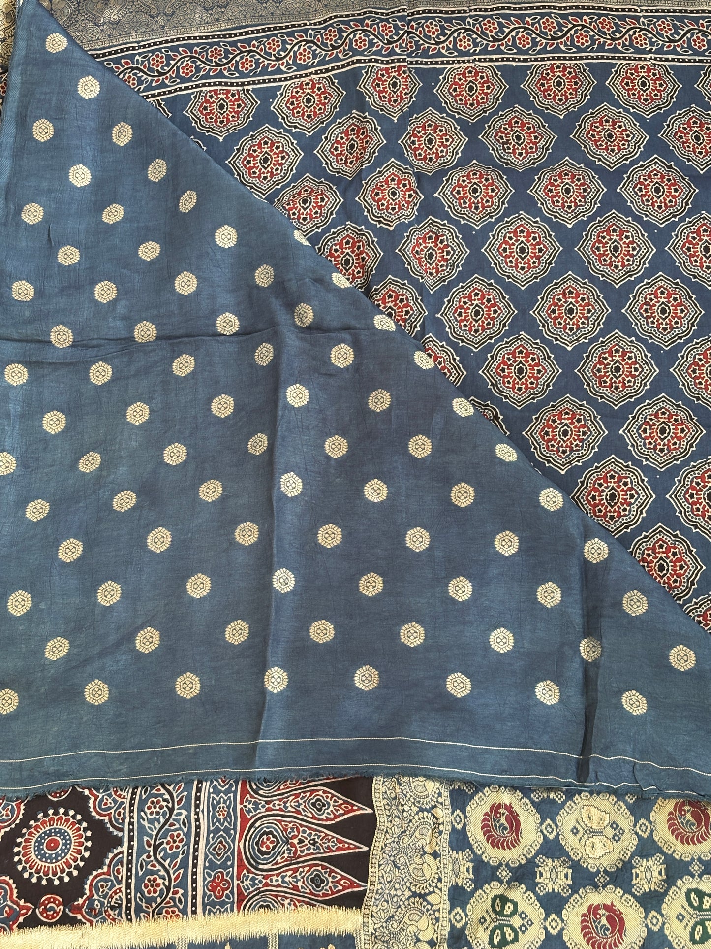 Doli Indigo - Beautiful Natural Dyed Ajrakh Dola Silk Saree with Banarasi Border and Anchal