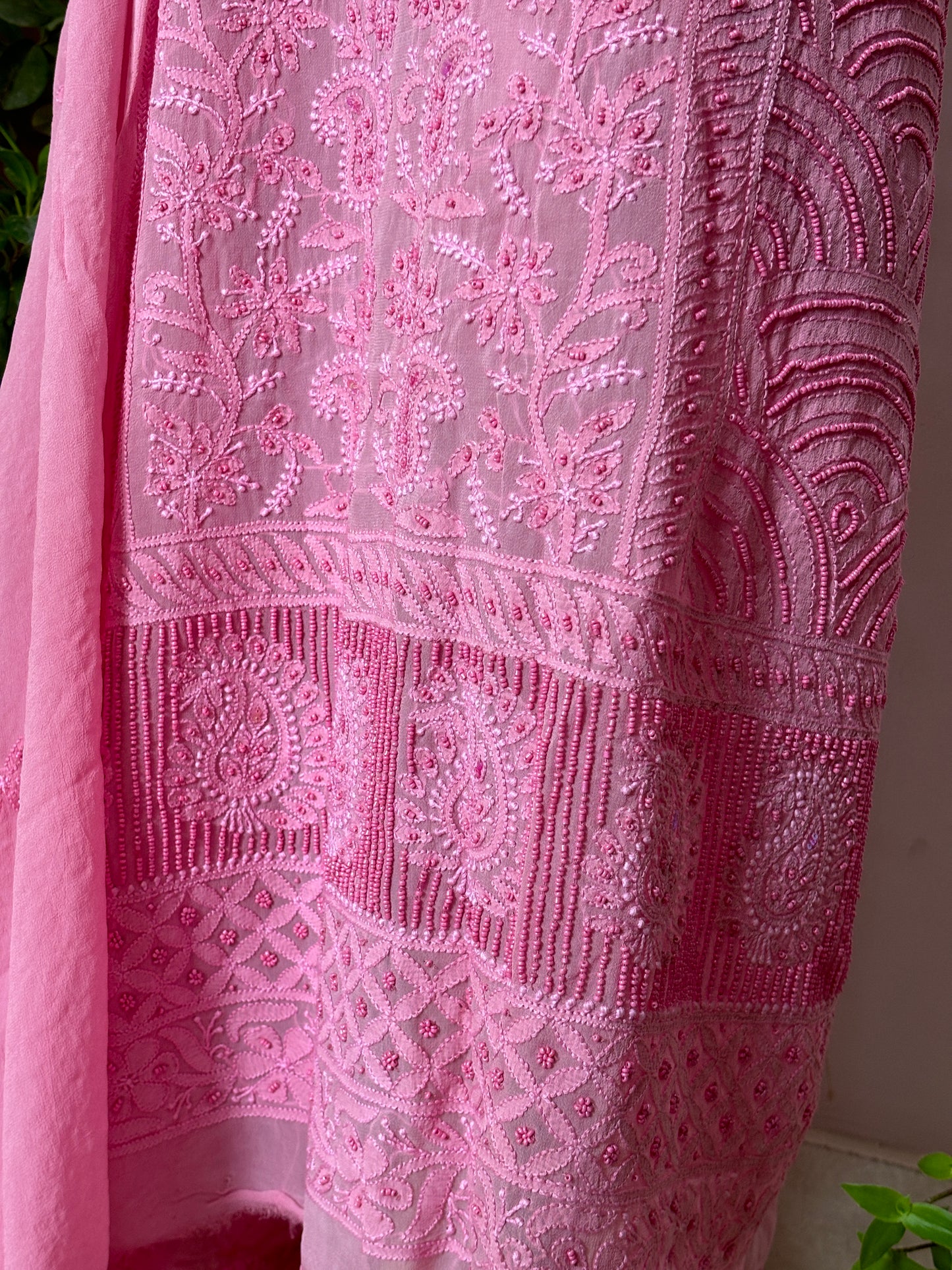 Pink Intricate Chikankari Hand Embroidered Shirt and Dupatta Fabric Adorned With Beads Work
